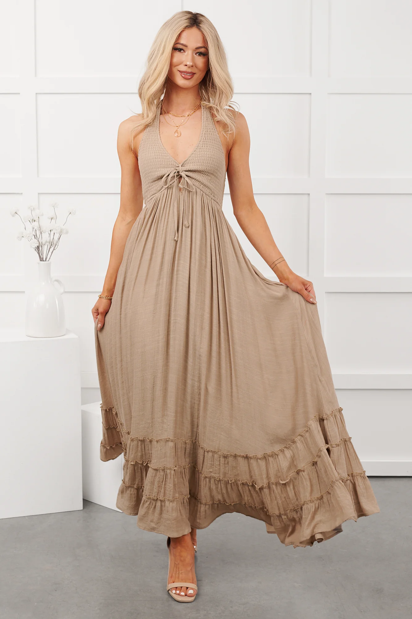 Hint Of Honey Halter Neck Maxi Dress (Taupe) - Image 7