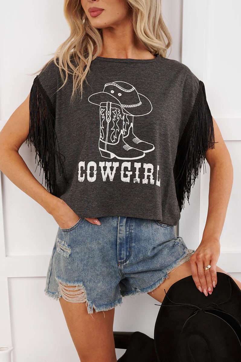 Hit The Trail Fringed Sleeve Cowgirl Graphic Shirt (Charcoal) - Image 3