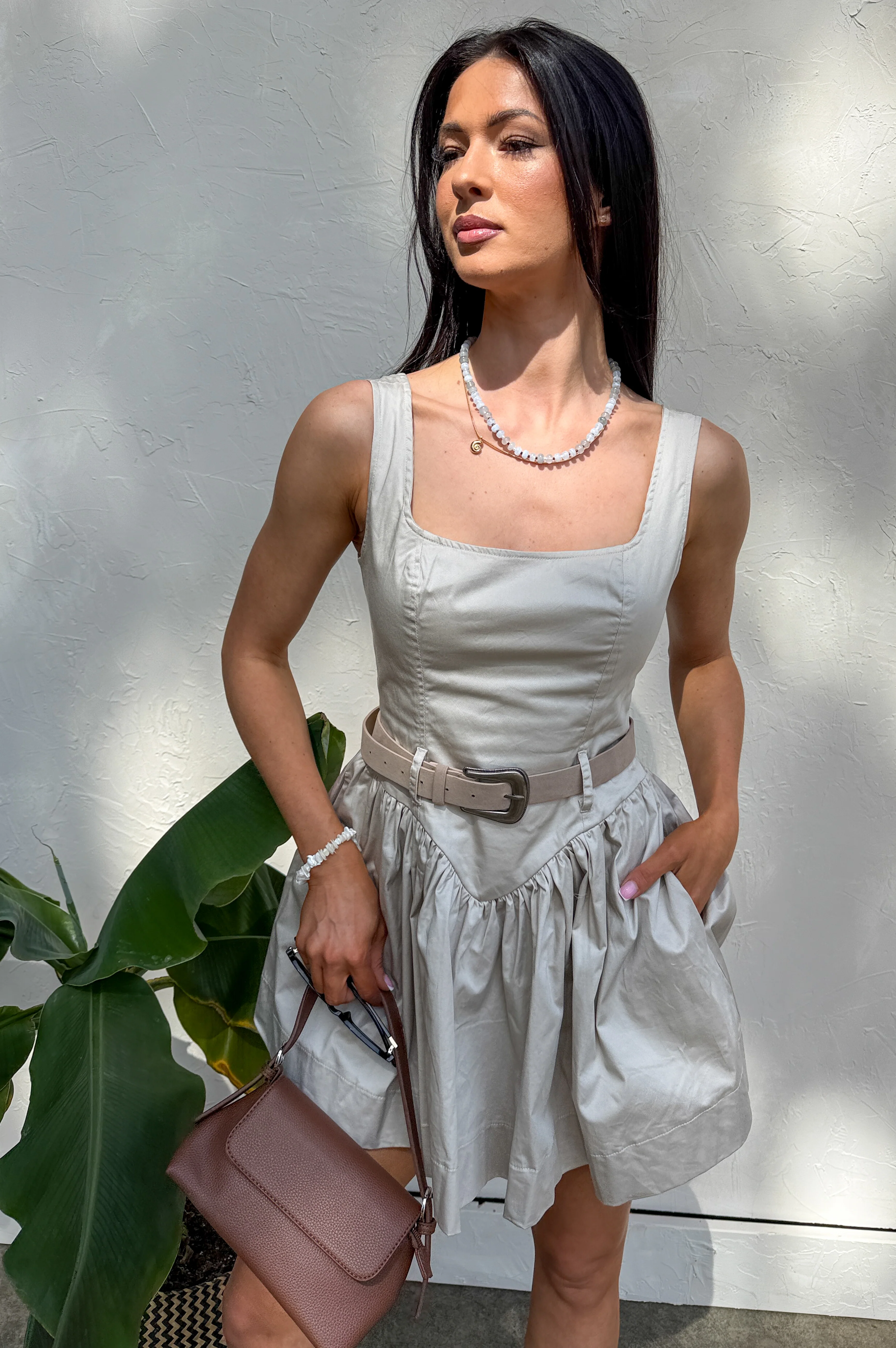 Hit Your Stride A-Line Belted Poplin Mini Dress (Oyster) - Image 3