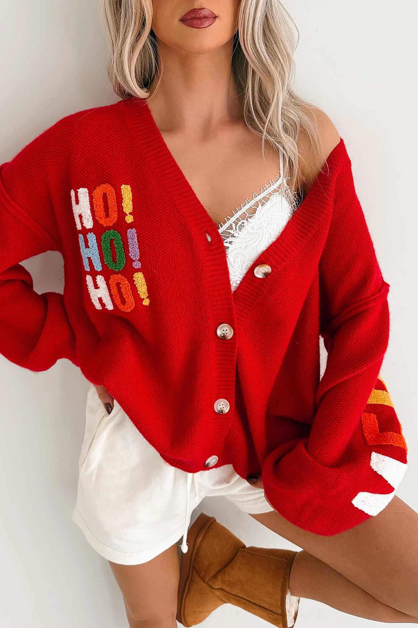 "Ho Ho Ho" Mello Christmas Patch Cardigan (Red) - Image 3