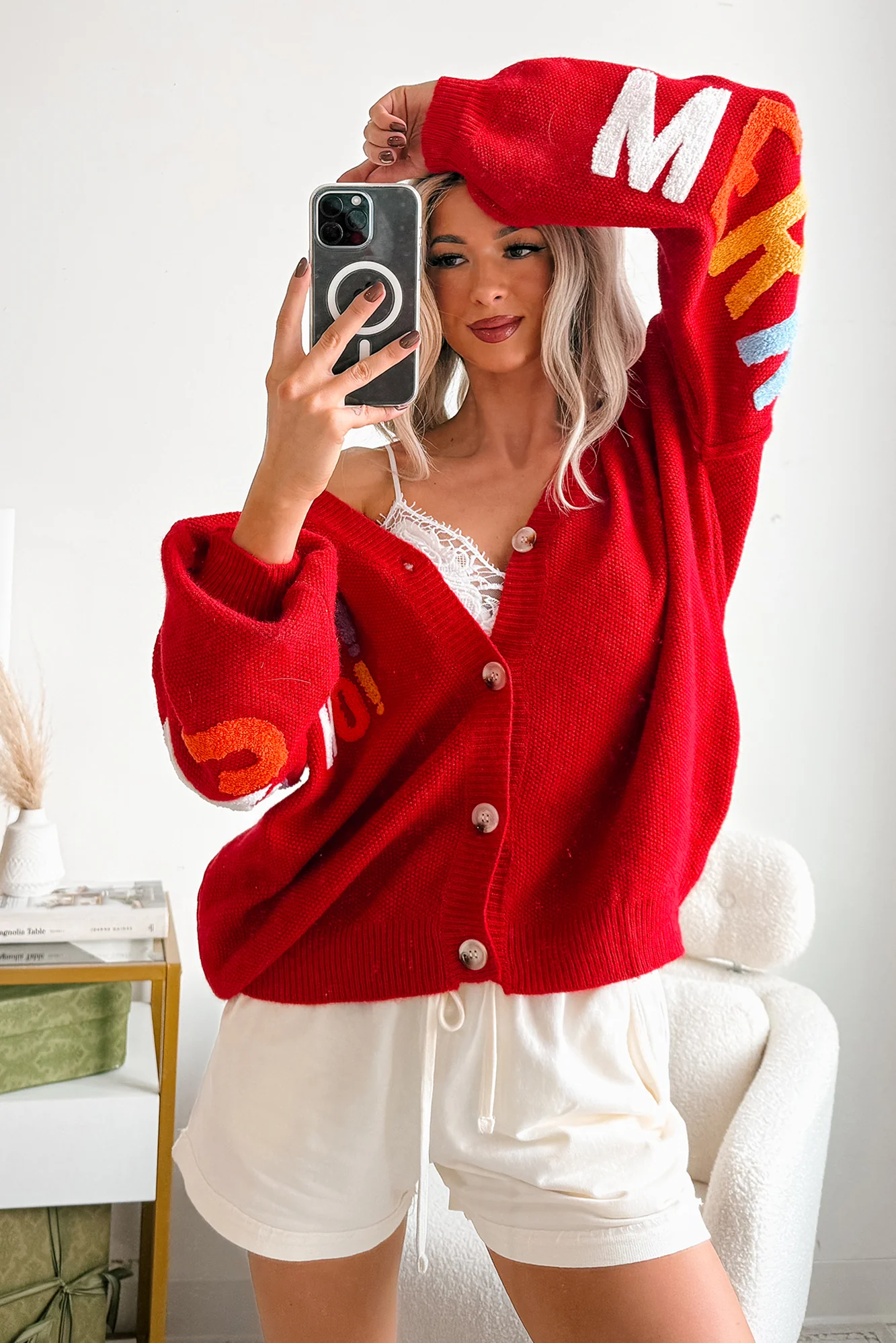 "Ho Ho Ho" Mello Christmas Patch Cardigan (Red) - Image 4