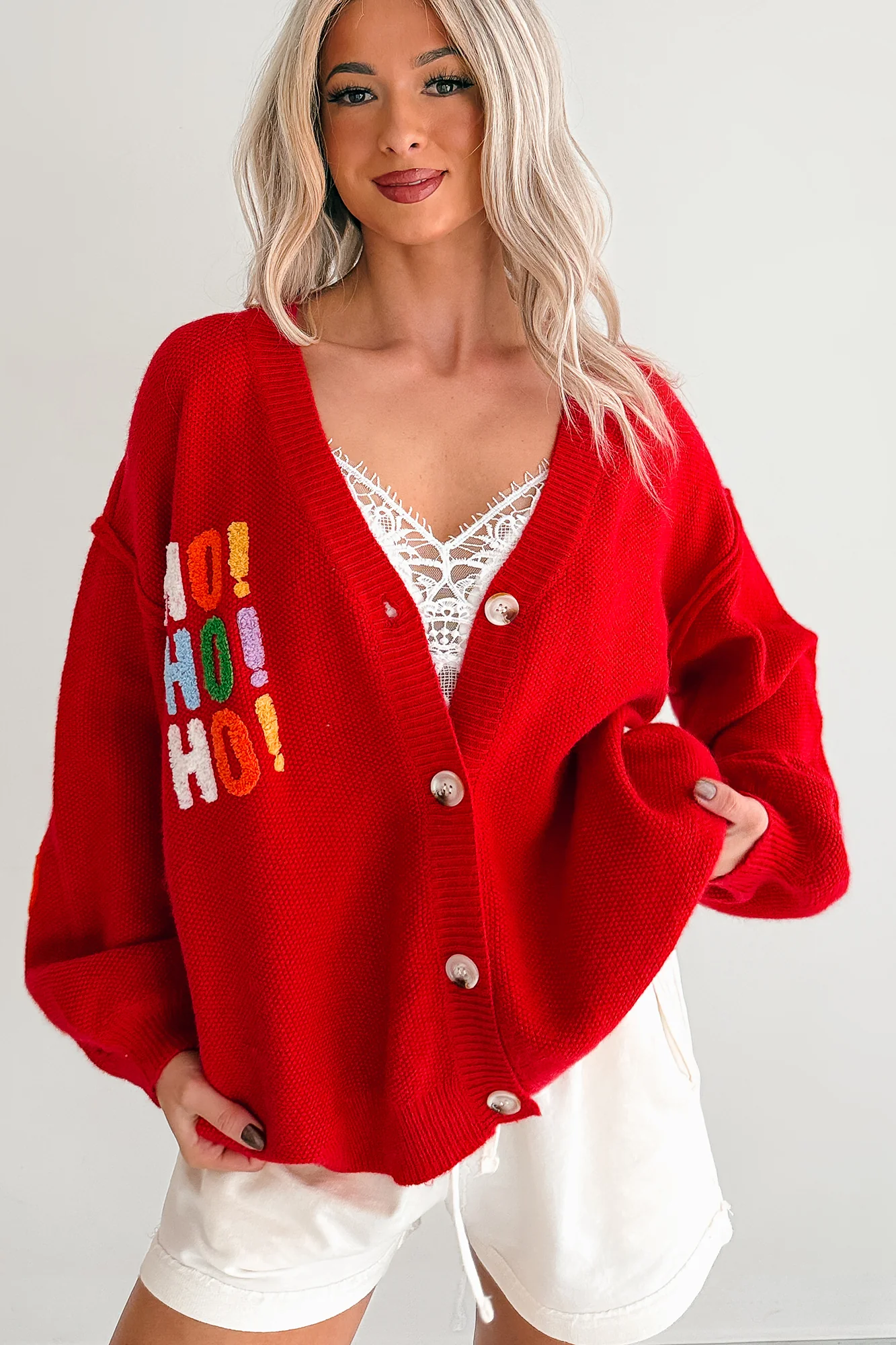 "Ho Ho Ho" Mello Christmas Patch Cardigan (Red) - Image 5