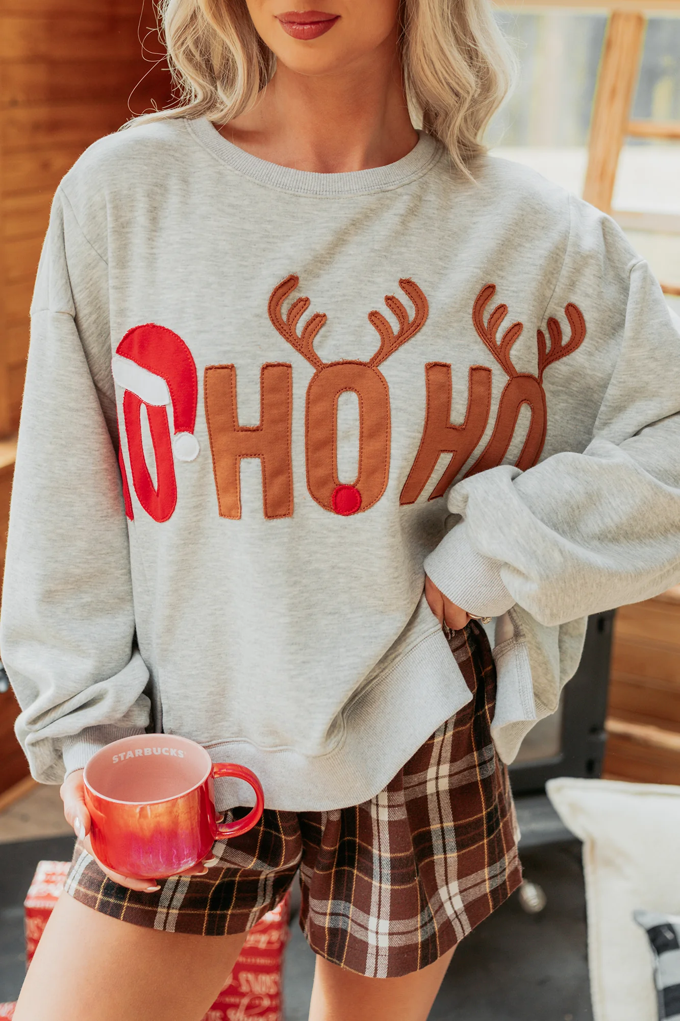 "HO HO HO" Patchwork Sweater (Heather Grey) - Image 3
