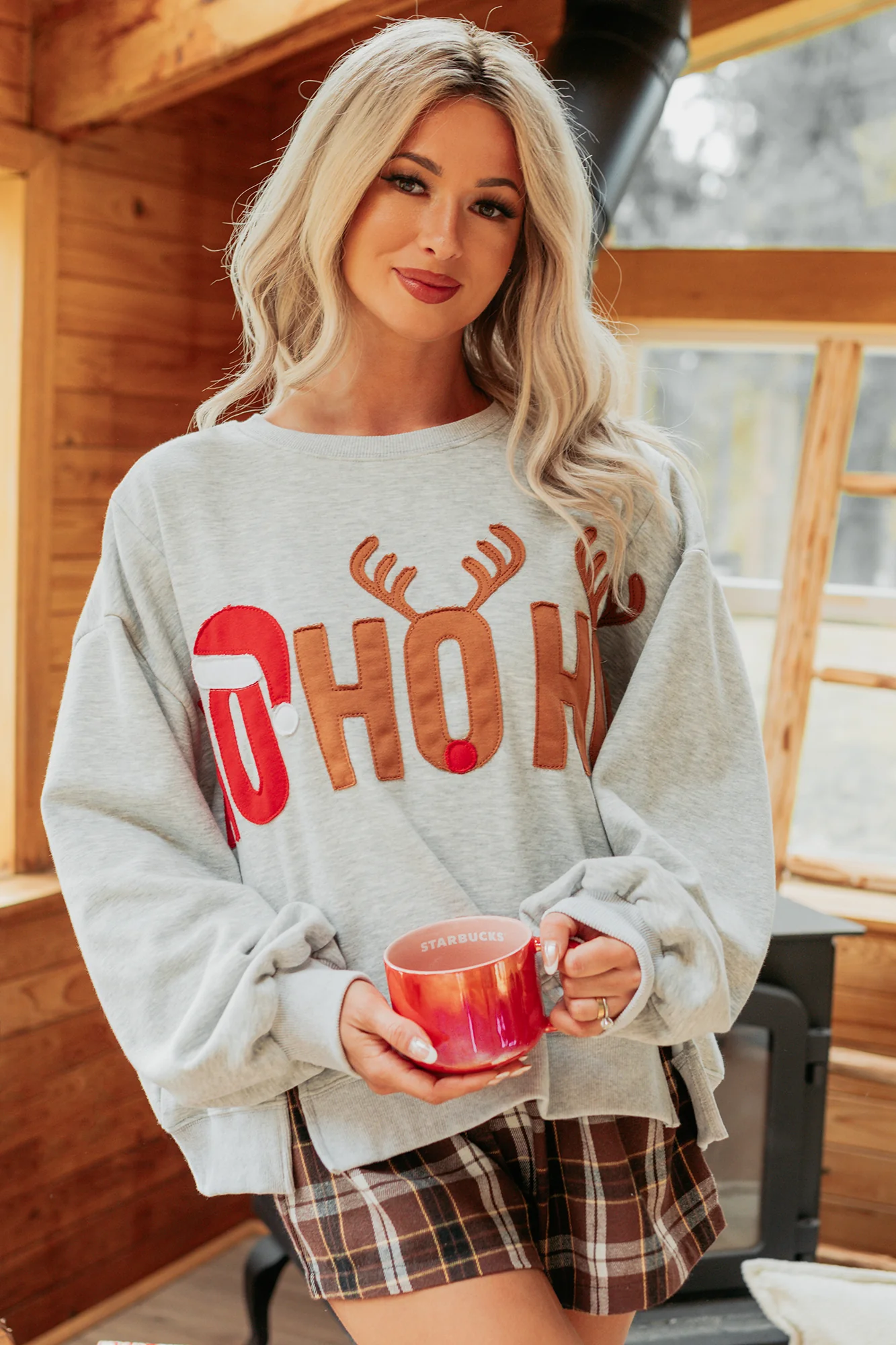 "HO HO HO" Patchwork Sweater (Heather Grey) - Image 4