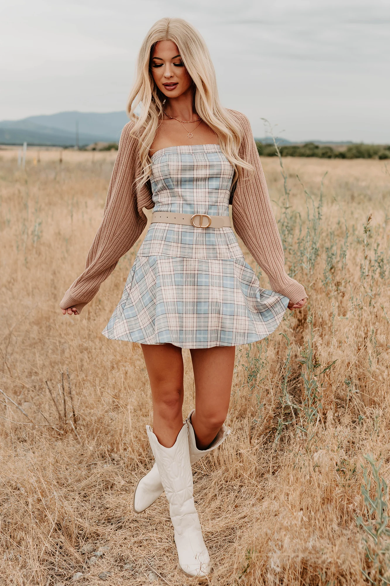 Hold Me Here Strapless Plaid Mini Dress (Light Blue) - Image 11