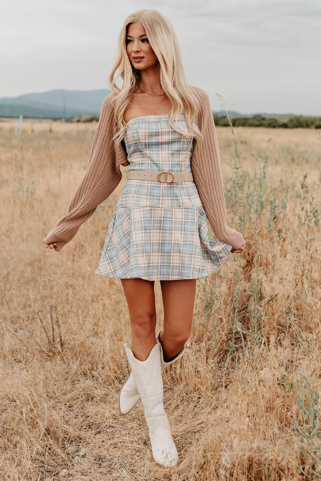 Hold Me Here Strapless Plaid Mini Dress (Light Blue) - Image 2