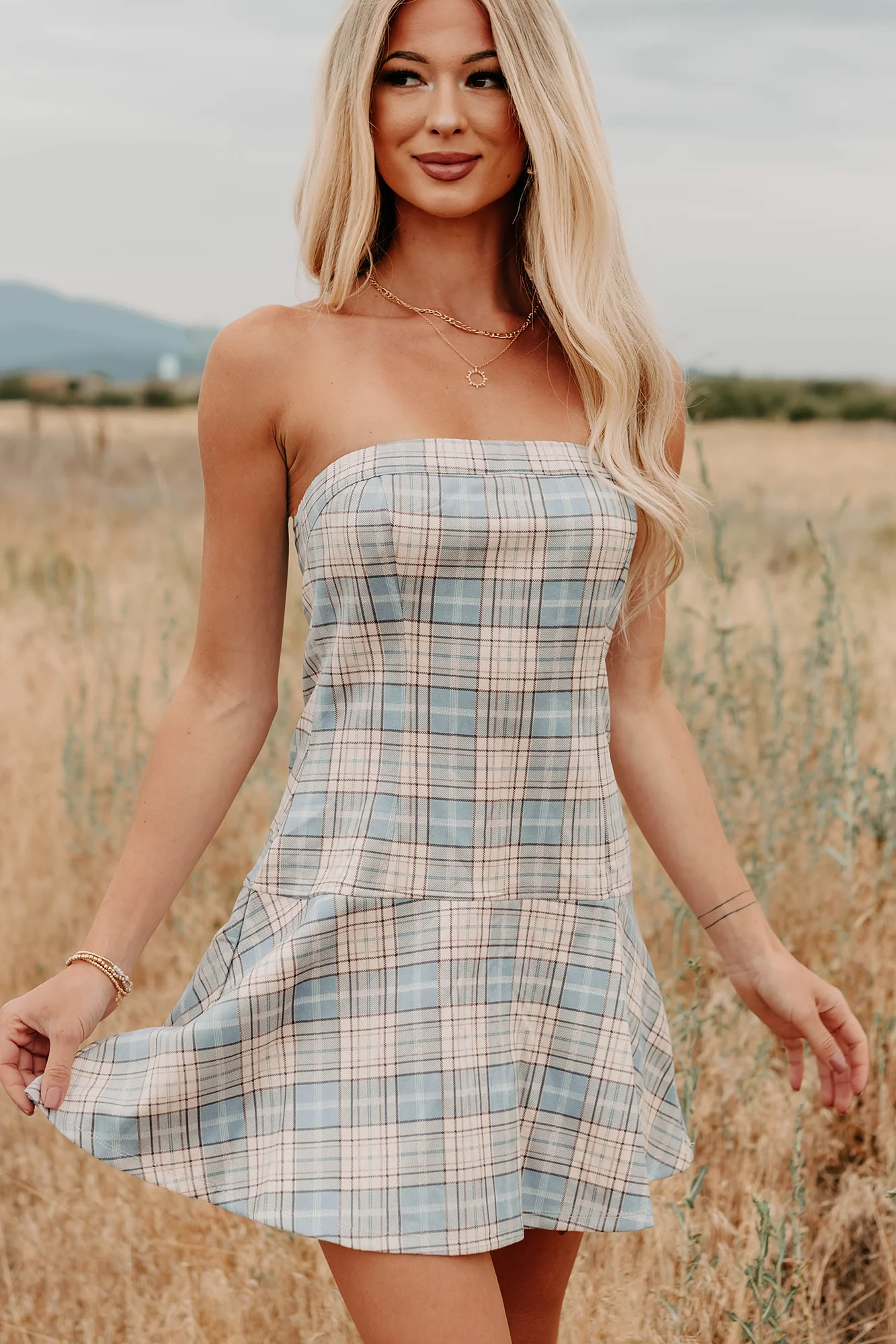 Hold Me Here Strapless Plaid Mini Dress (Light Blue) - Image 3