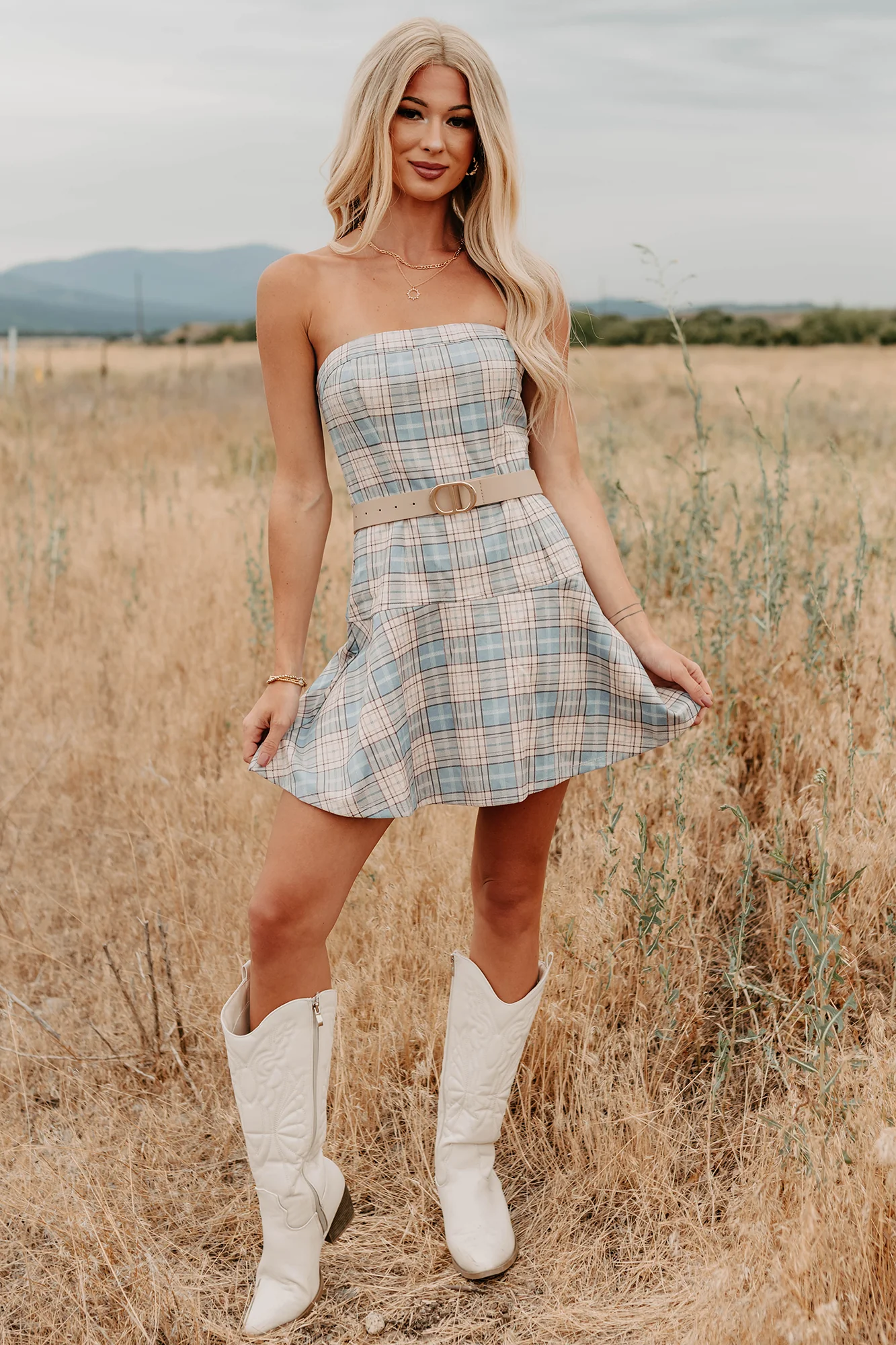 Hold Me Here Strapless Plaid Mini Dress (Light Blue) - Image 4