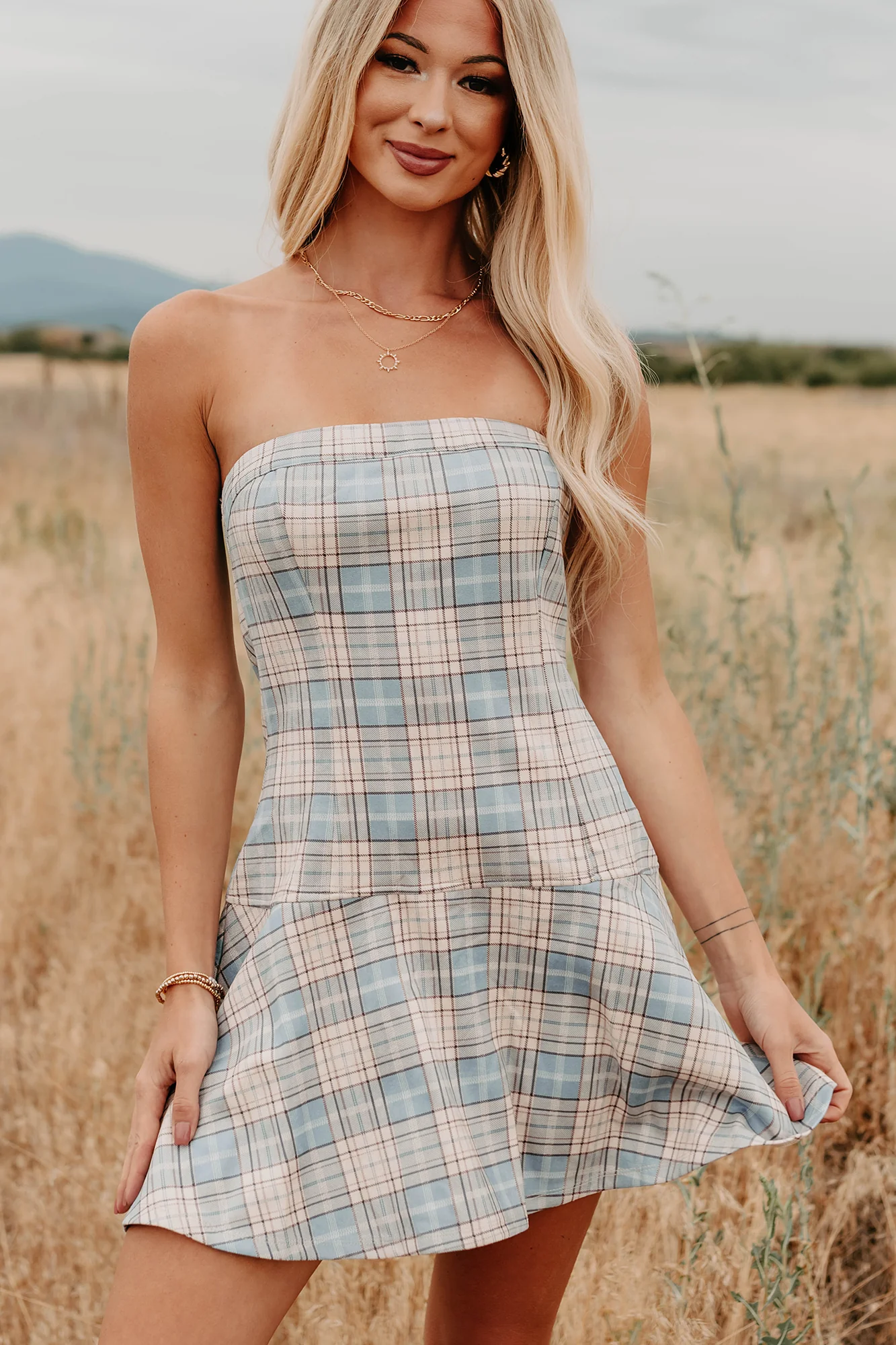 Hold Me Here Strapless Plaid Mini Dress (Light Blue) - Image 5