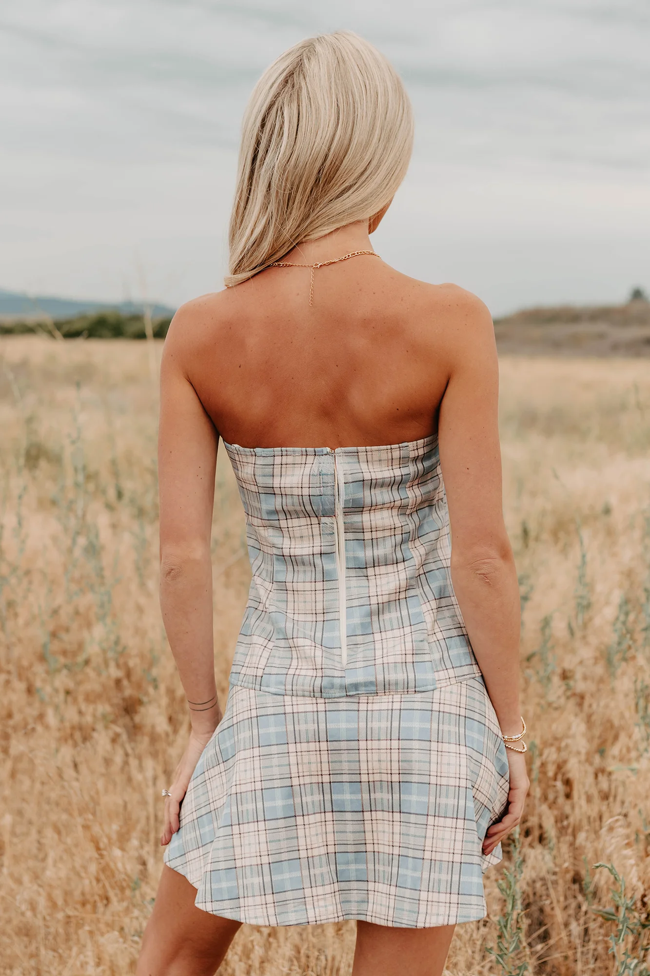Hold Me Here Strapless Plaid Mini Dress (Light Blue) - Image 7