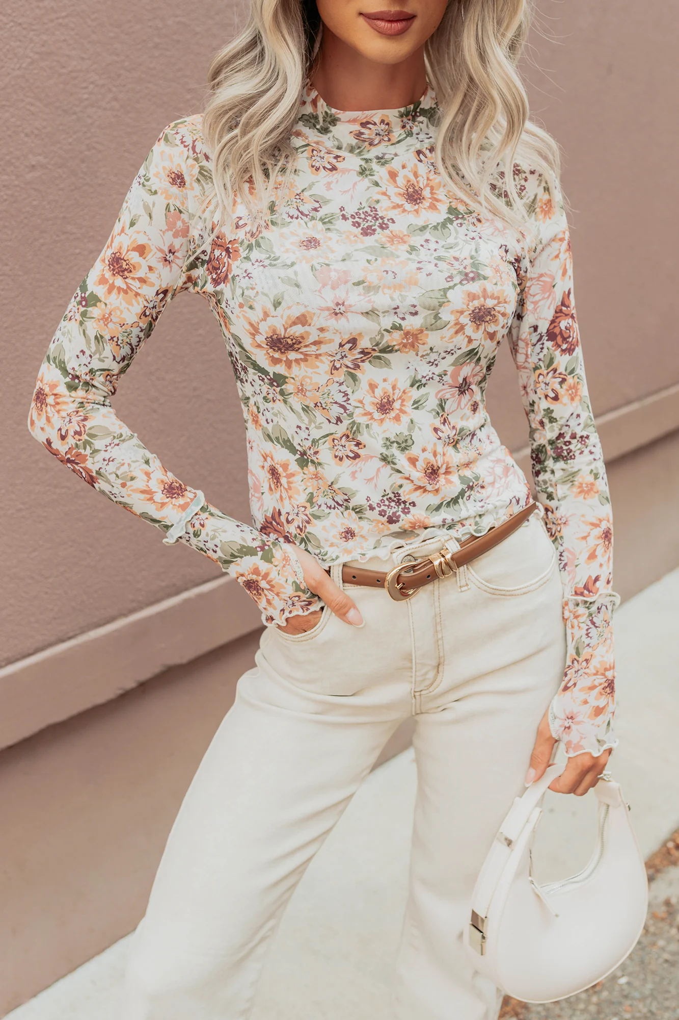 Hold My Hand Floral Mesh Long Sleeve Top (Cream) - Image 2