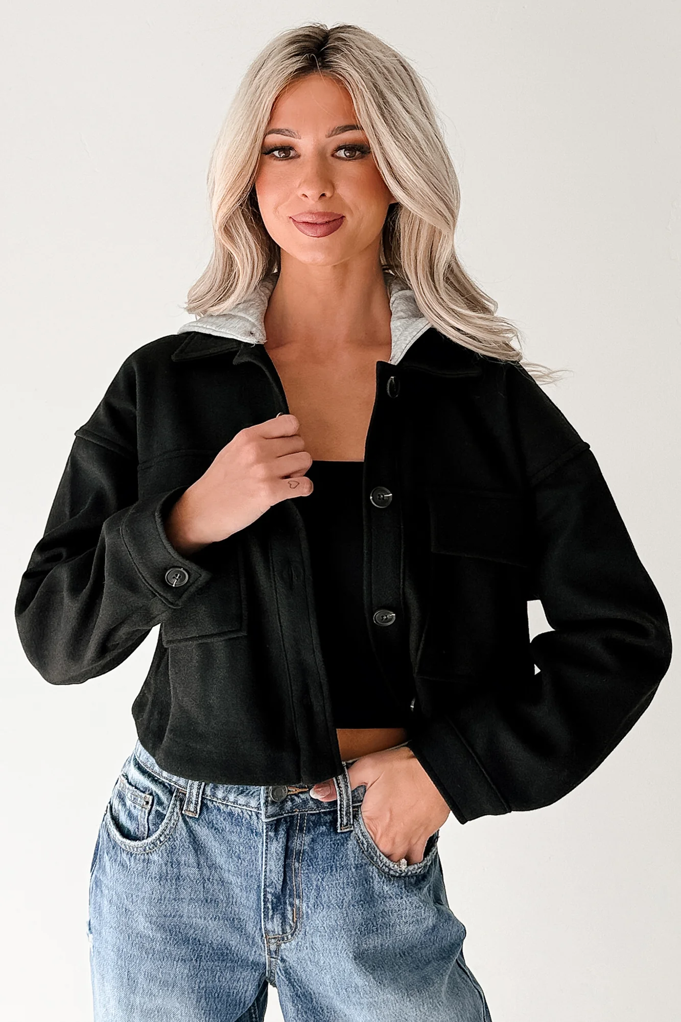 Holding Steady Button-Up Hoodie Jacket (Black) - Image 4