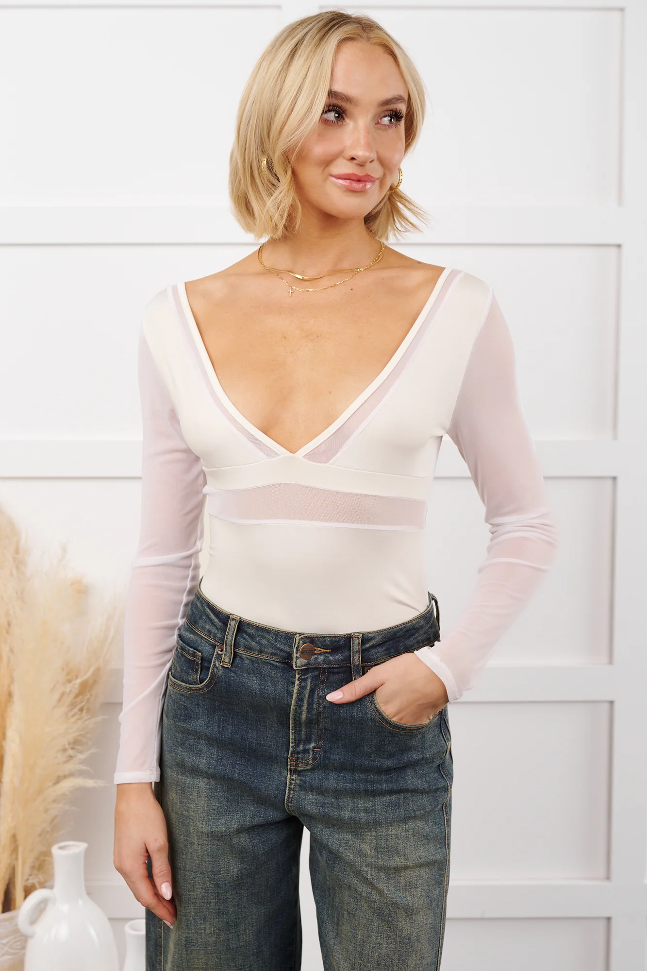 Holding You Responsible Mesh Contrast Bodysuit (White) - Image 3
