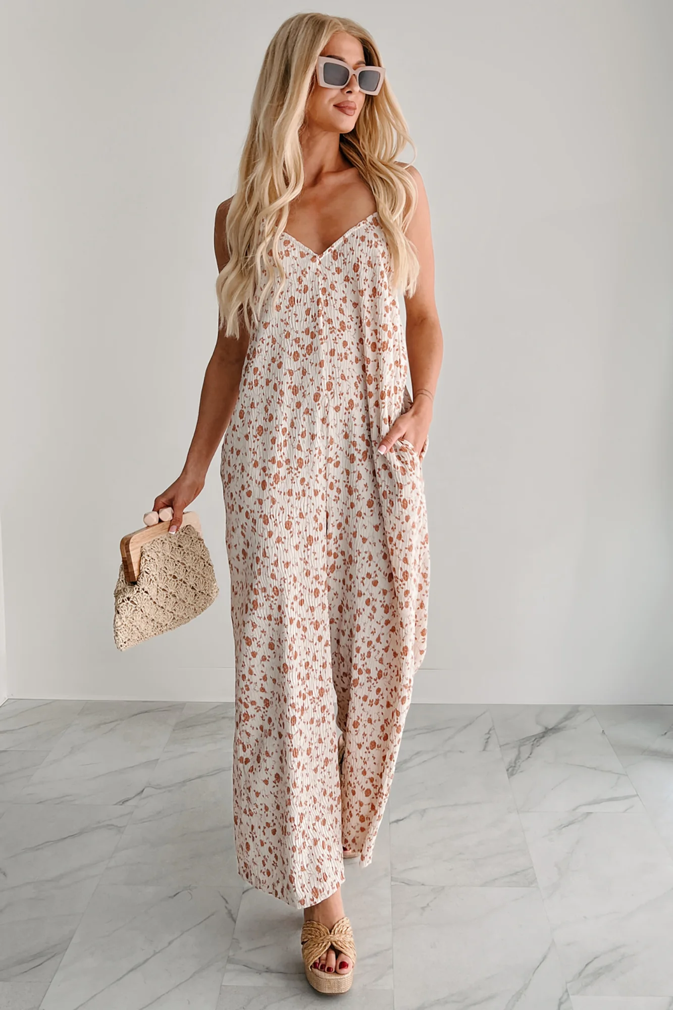 Homebody Heaven Pleated Wide Leg Jumpsuit (Cream Floral) - Image 4