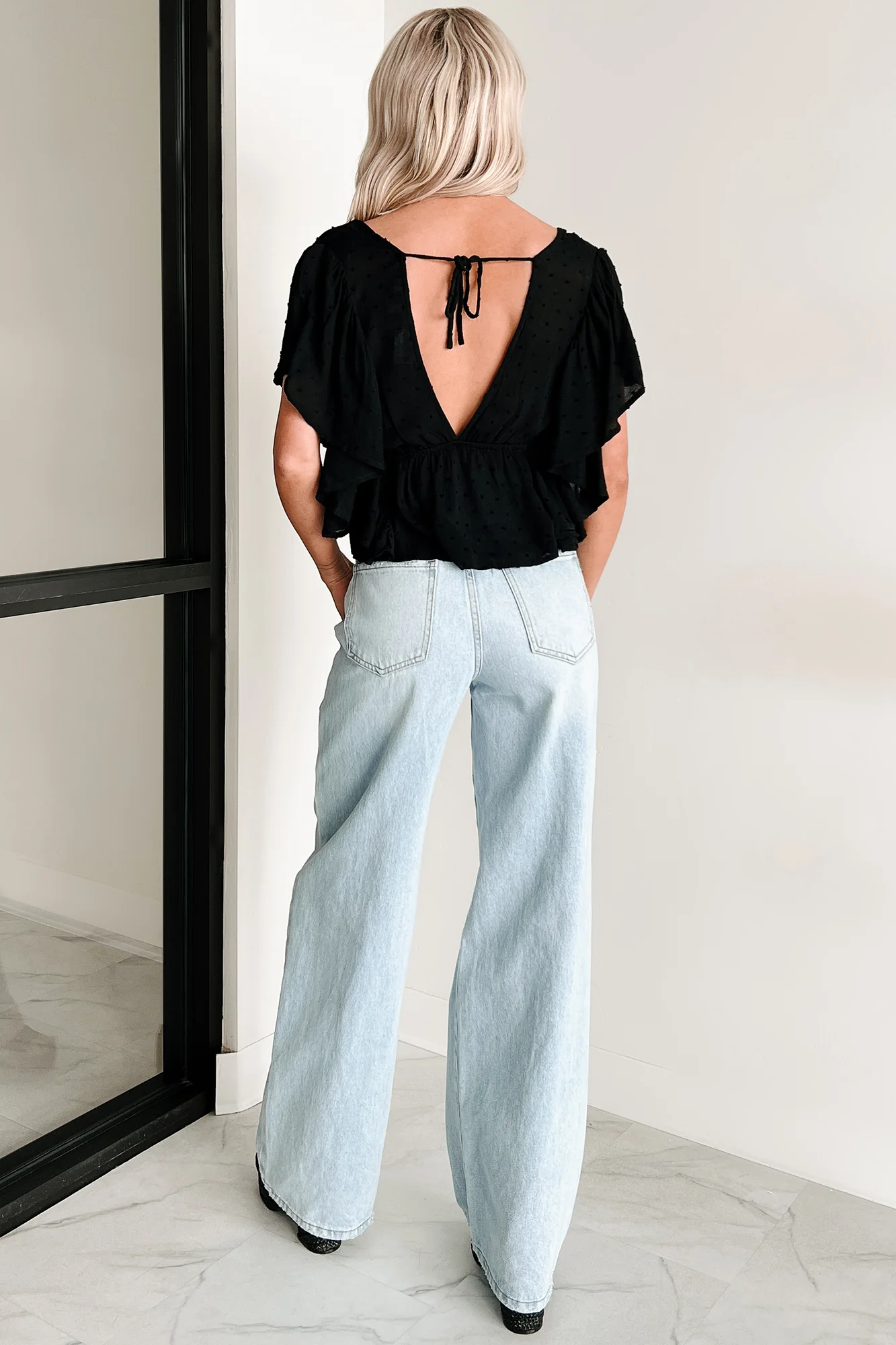 Homey Heart Ruffled V-Neck Crop Top (Black) - Image 4