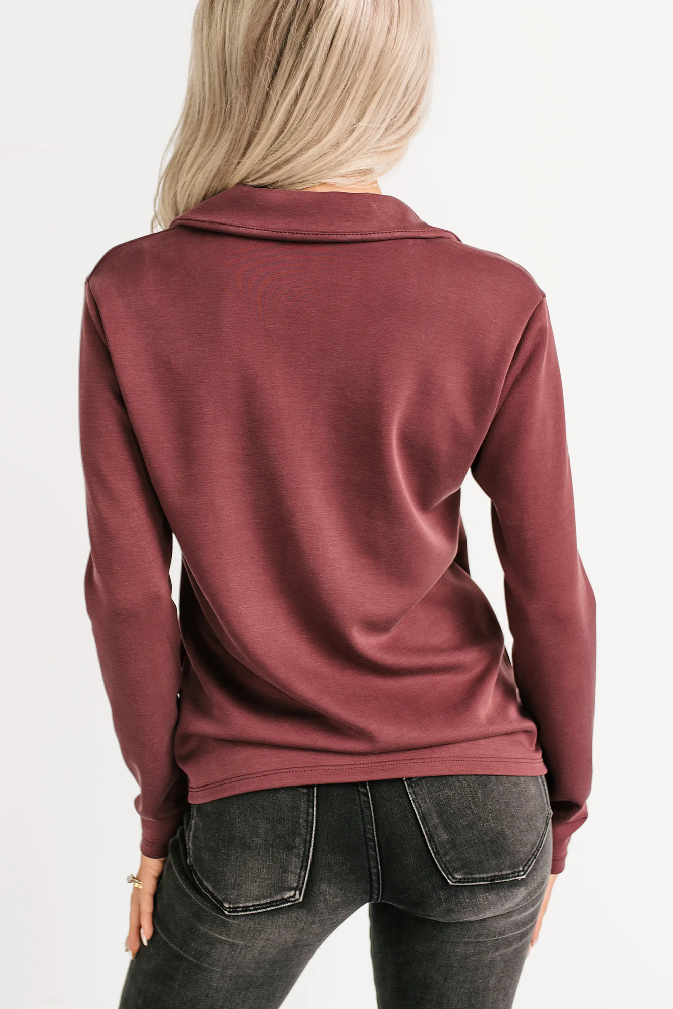 Honest Mood Collared V Neck Long Sleeve Top (Maroon) - Image 5