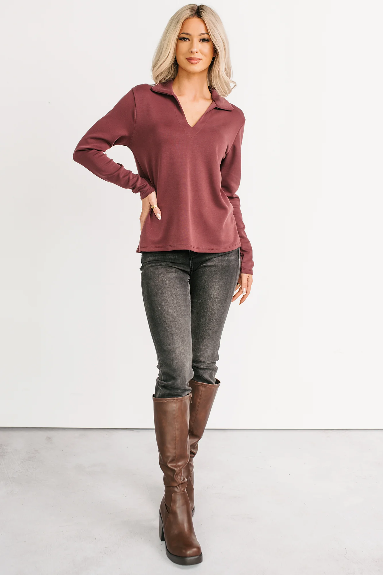 Honest Mood Collared V Neck Long Sleeve Top (Maroon) - Image 6