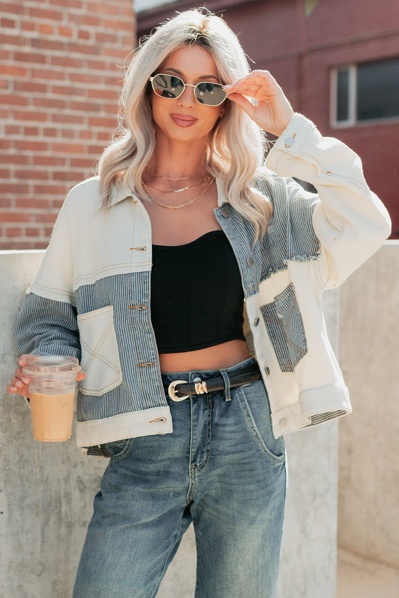 Honey Blush Waffle Denim POL Jacket (Ivory/Multi) - Image 3