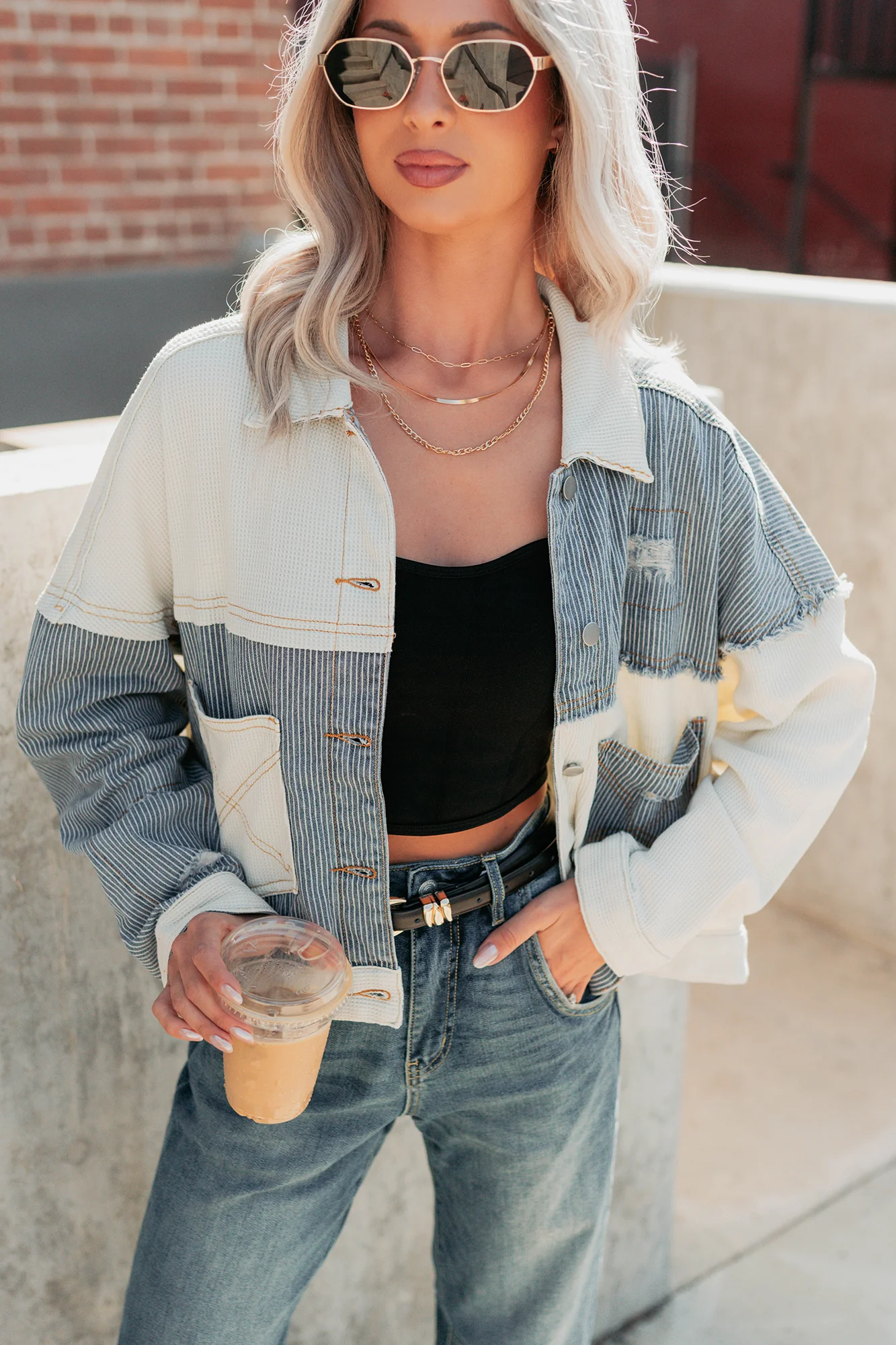 Honey Blush Waffle Denim POL Jacket (Ivory/Multi) - Image 5