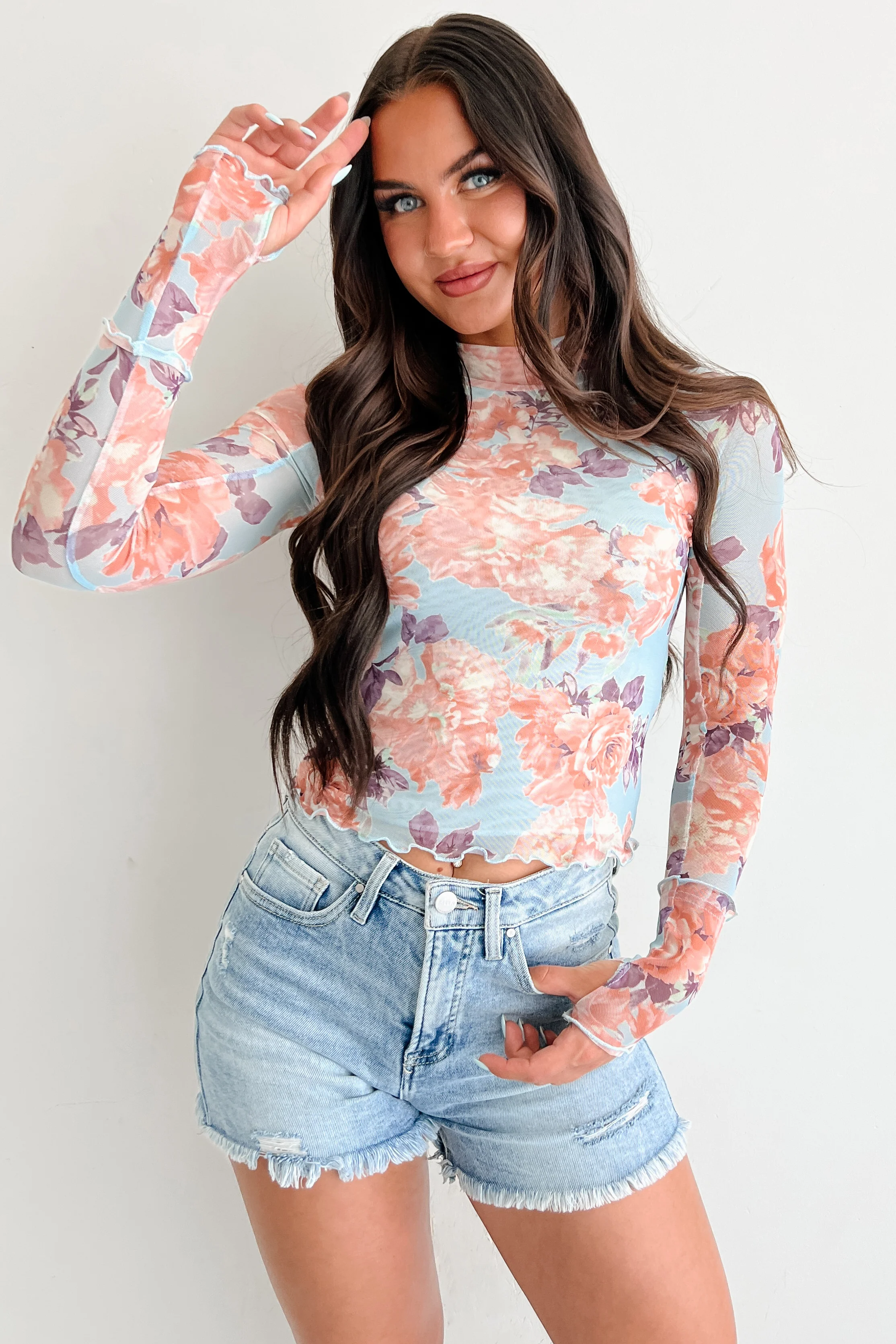 Hooked On You Floral Mesh Long Sleeve Top (Peach/Blue) - Image 2