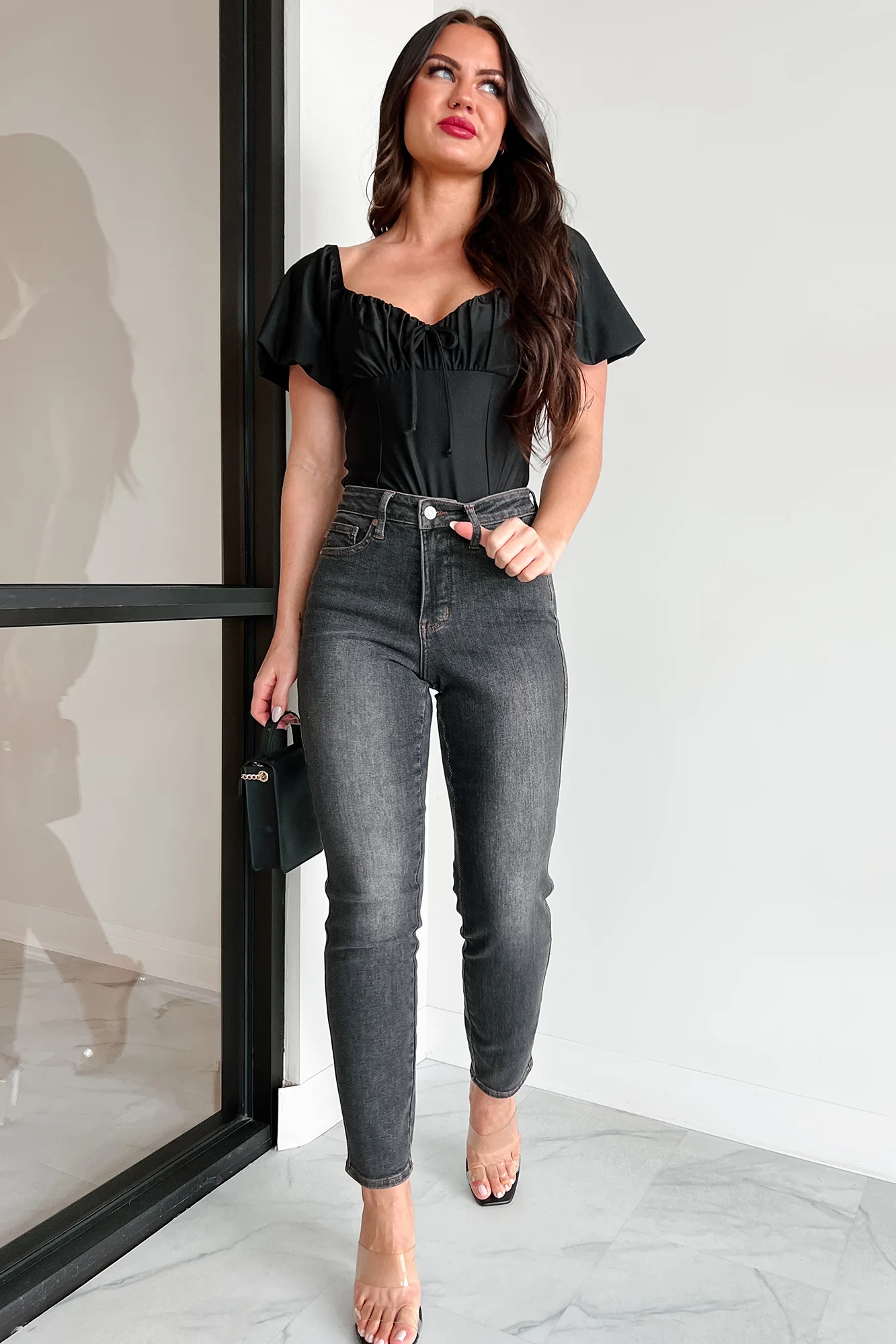 Humming Along Puff Sleeve Scoop Neck Bodysuit (Black) - Image 10