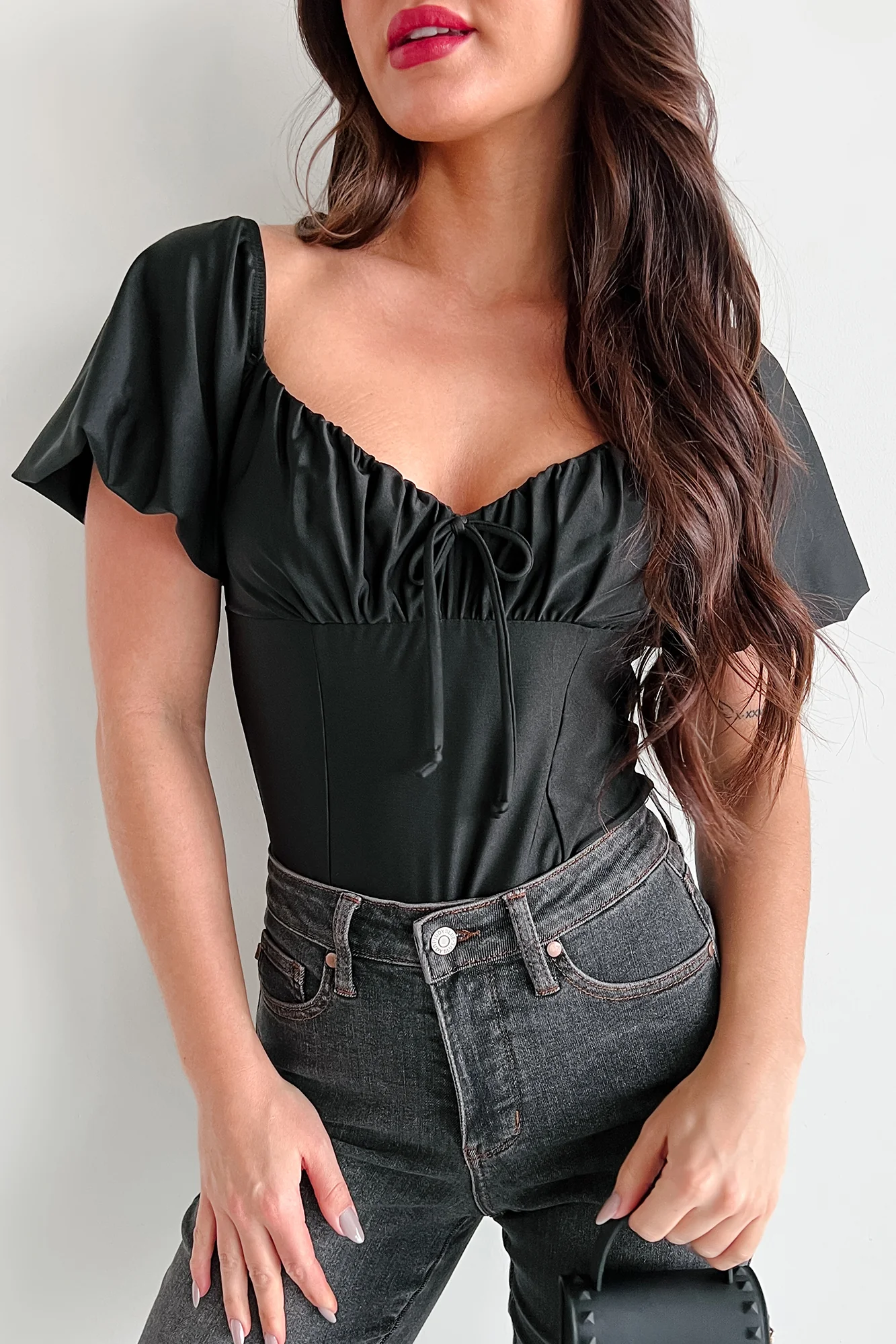 Humming Along Puff Sleeve Scoop Neck Bodysuit (Black) - Image 16