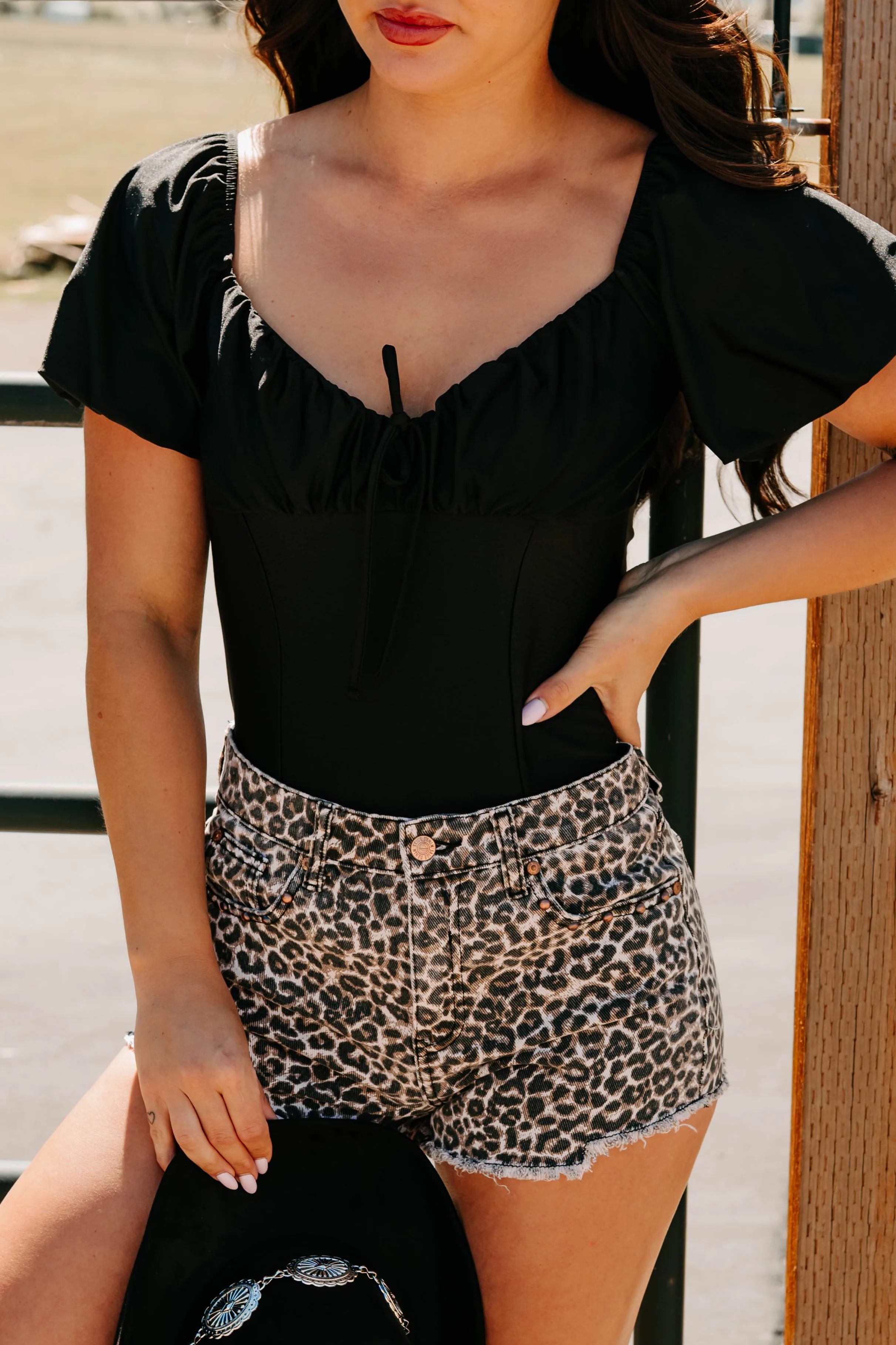 Humming Along Puff Sleeve Scoop Neck Bodysuit (Black) - Image 4