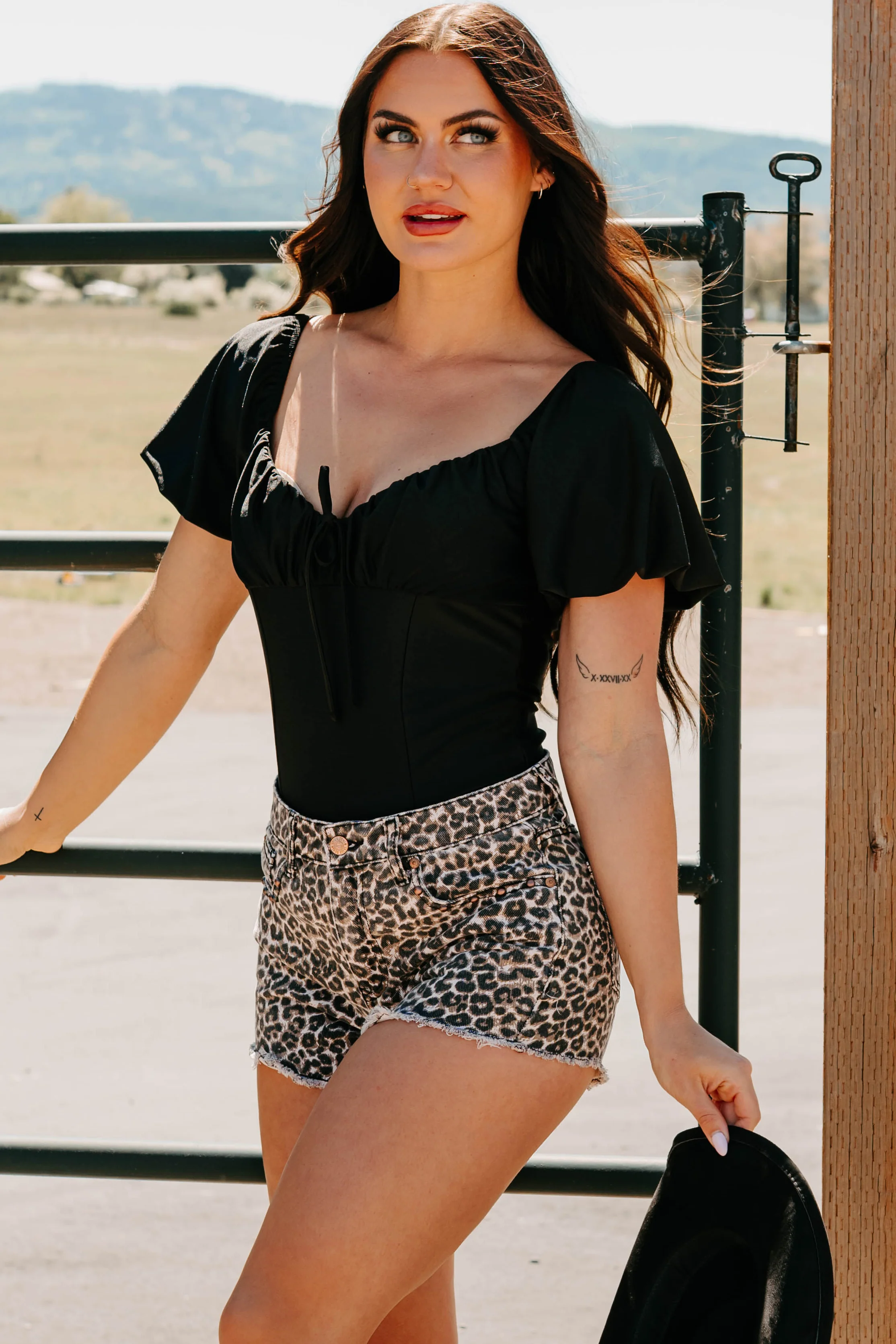 Humming Along Puff Sleeve Scoop Neck Bodysuit (Black) - Image 5