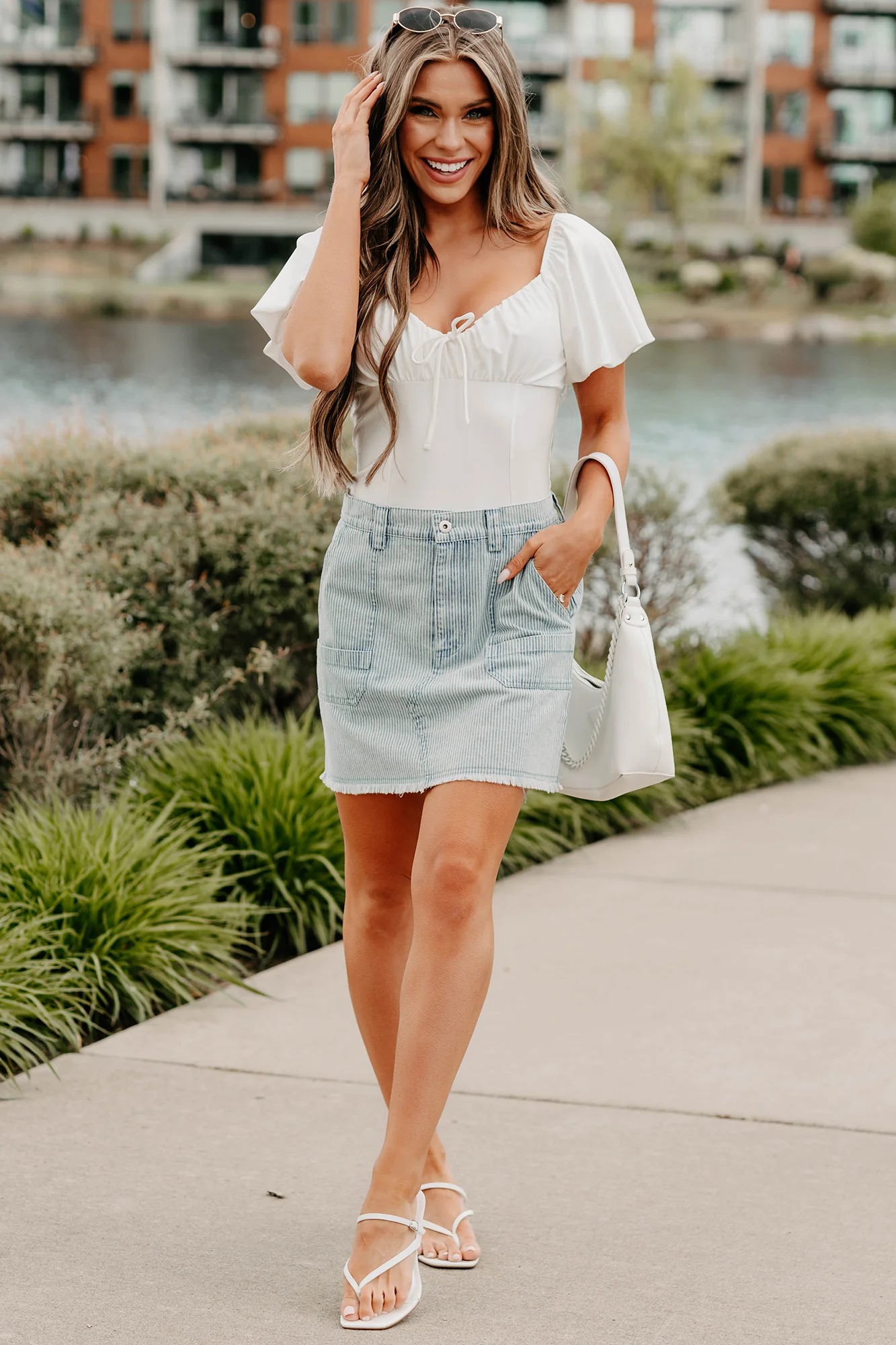 Humming Along Puff Sleeve Scoop Neck Bodysuit (White) - Image 11