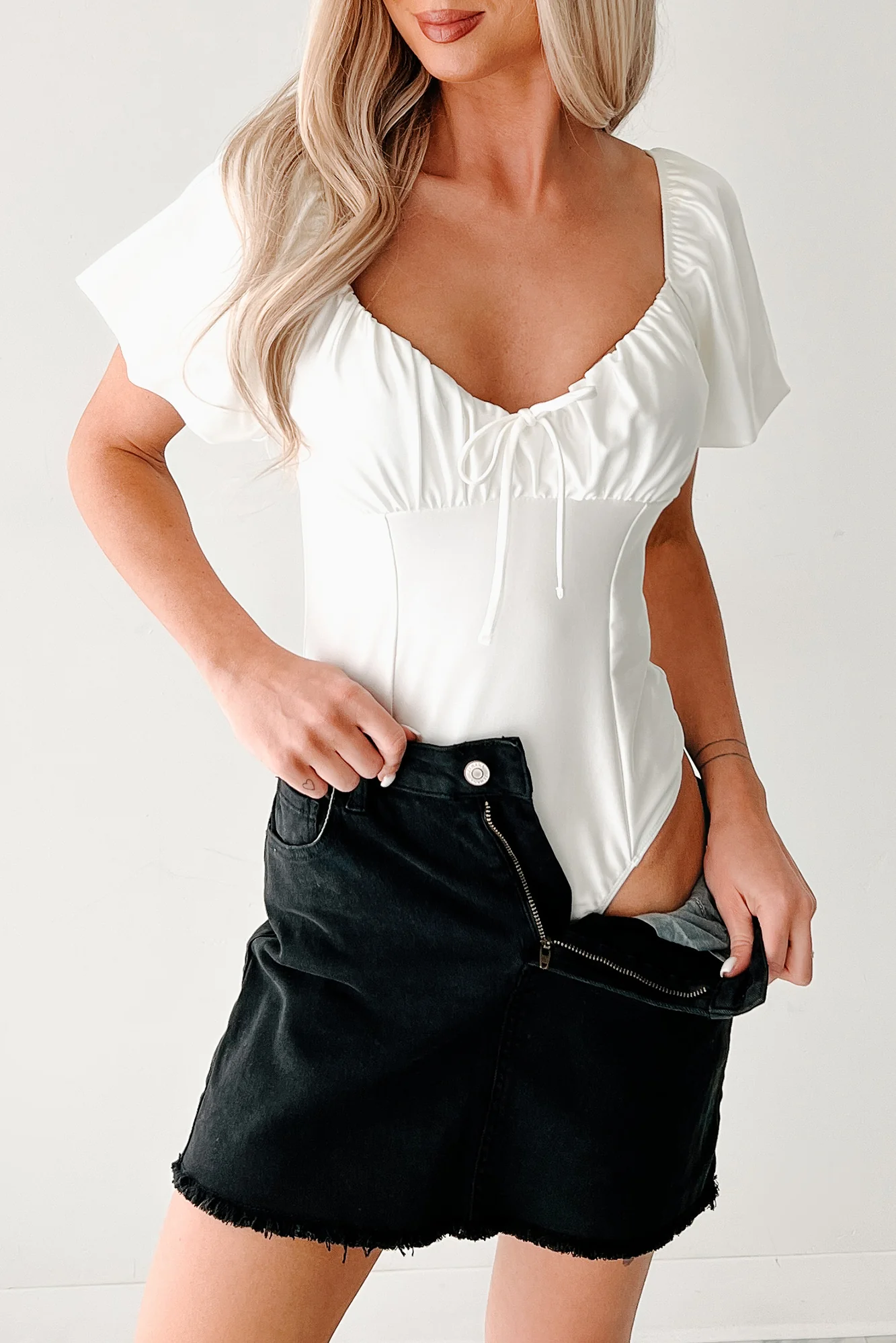 Humming Along Puff Sleeve Scoop Neck Bodysuit (White) - Image 6