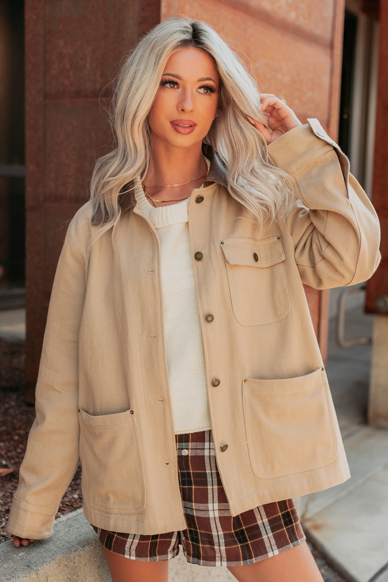 Hustle Habits Leather Collared Denim Jacket (Sand) - Image 2