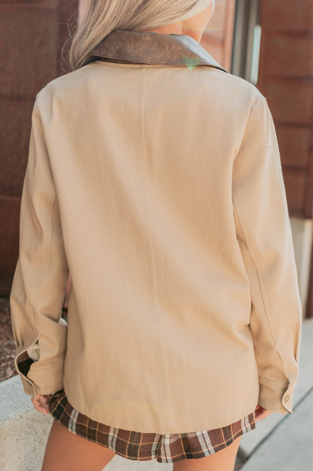 Hustle Habits Leather Collared Denim Jacket (Sand) - Image 3