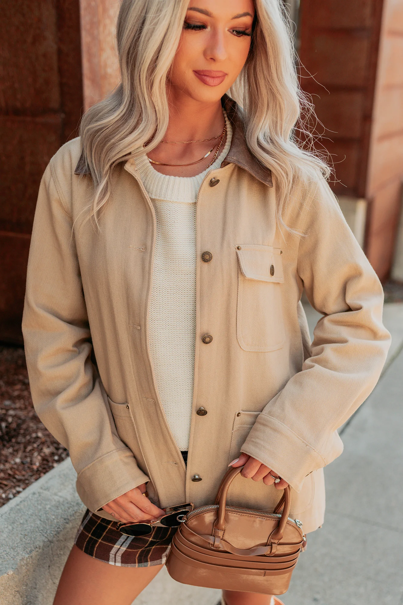 Hustle Habits Leather Collared Denim Jacket (Sand) - Image 7