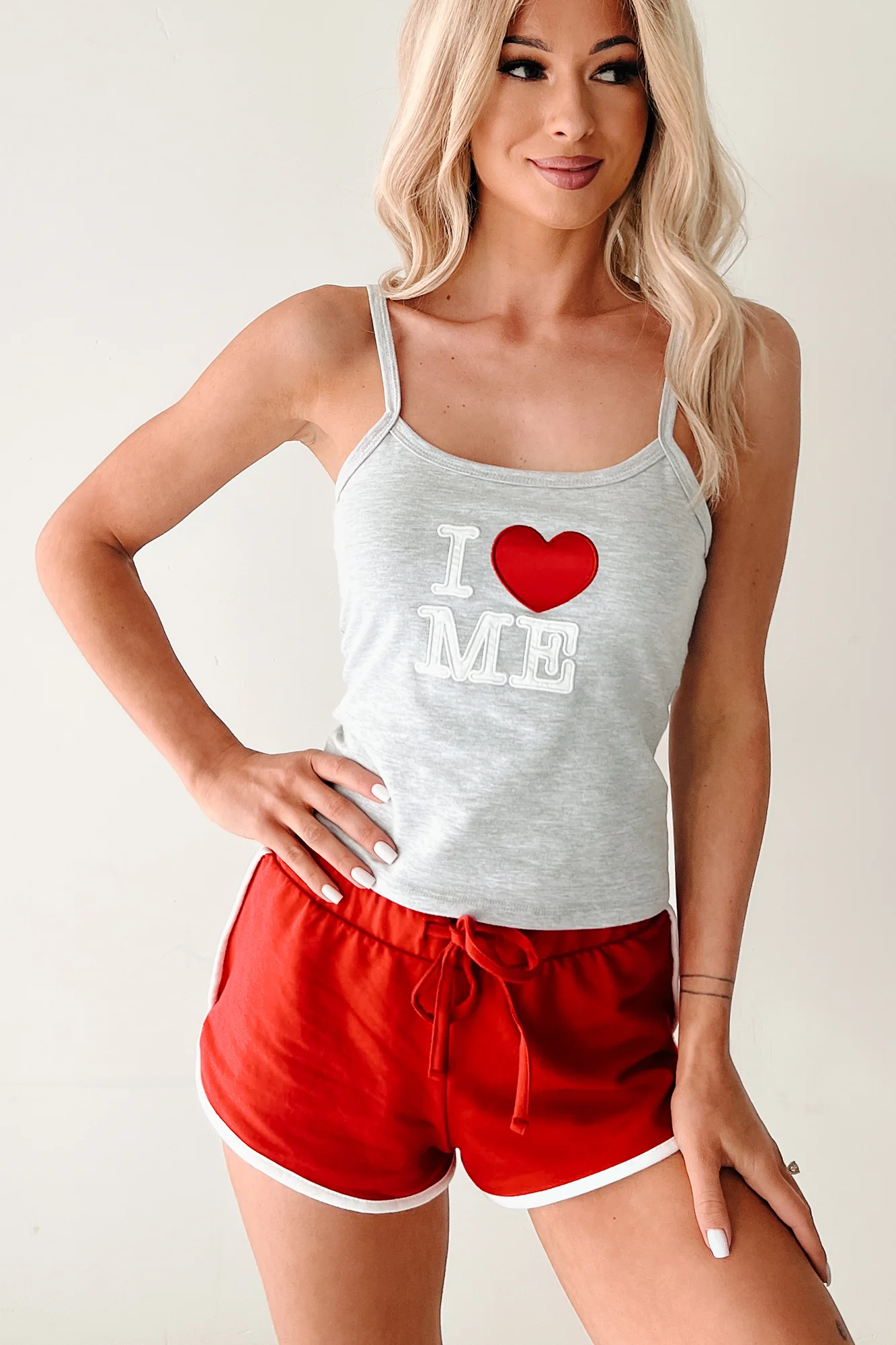 "I <3 ME" Tank Top & Shorts Set (Grey/Red) - Image 5