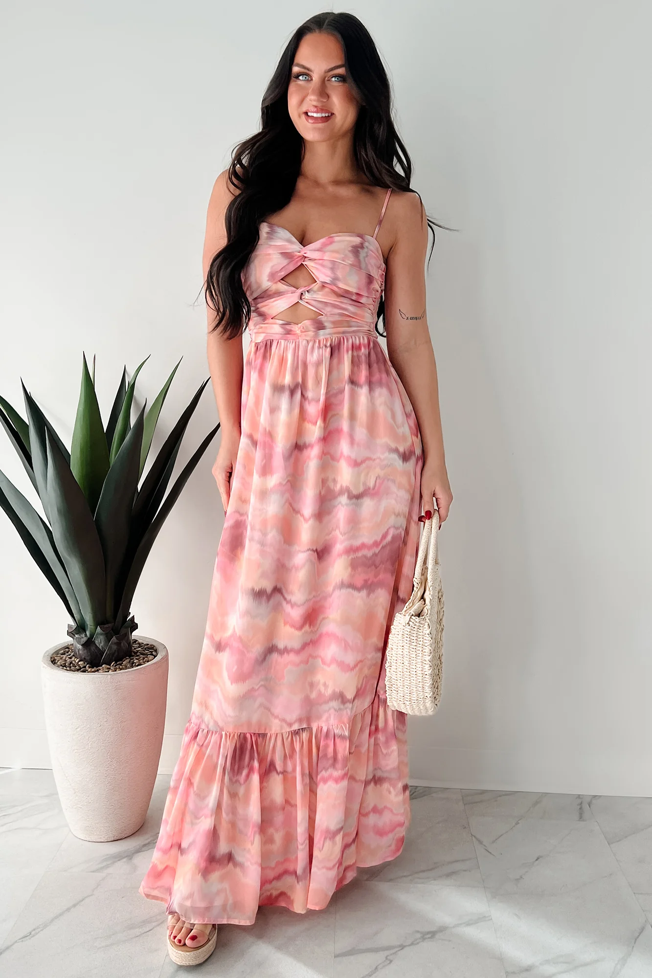 I Hope You Think Of Me Marble Printed Maxi Dress (Pink Multi) - Image 4