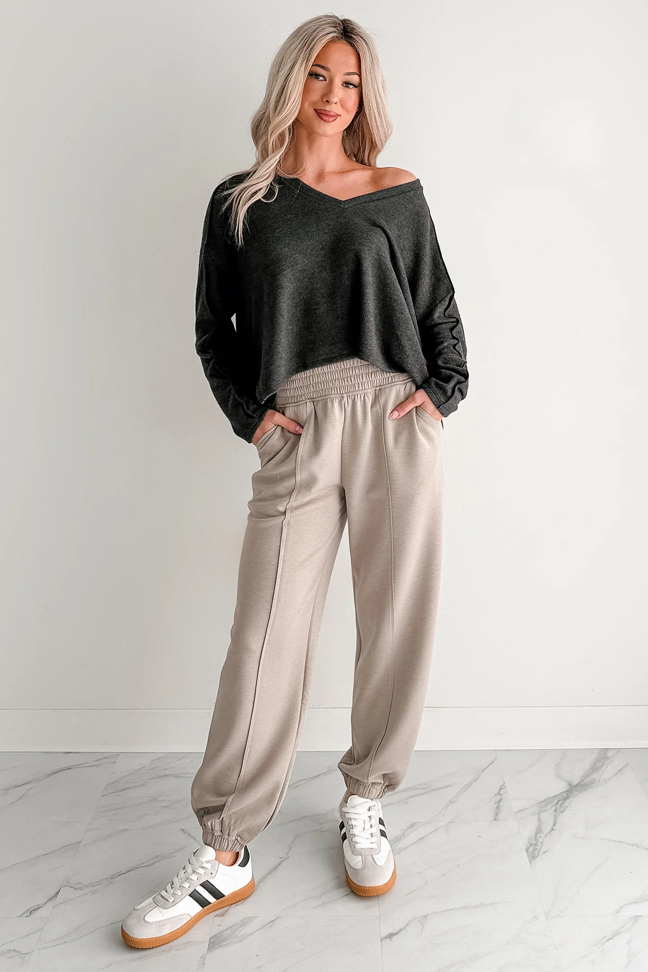 I Won't Mind Charcoal Fleece V-Neck Long Sleeve Top (Charcoal) - Image 2