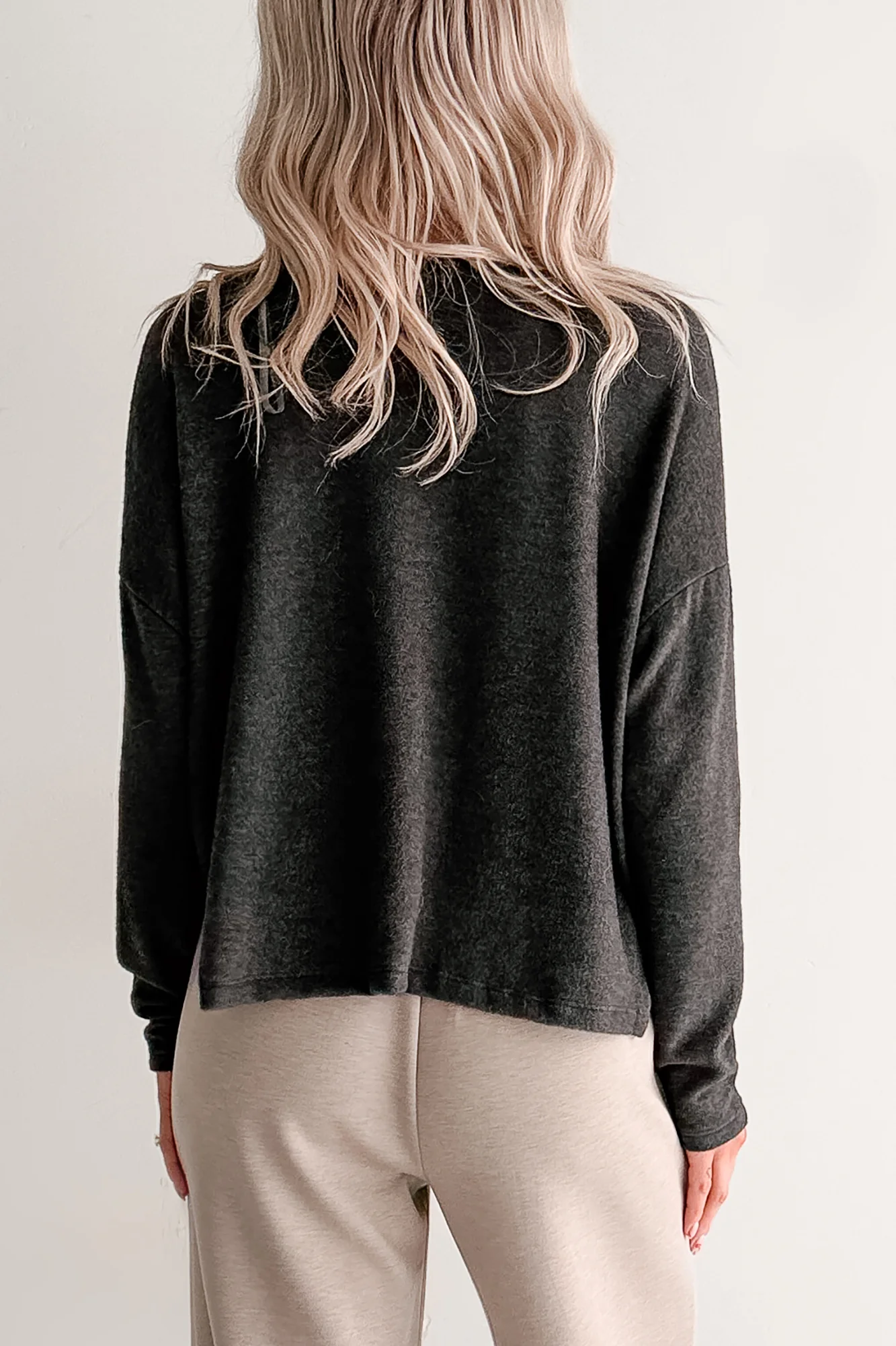 I Won't Mind Charcoal Fleece V-Neck Long Sleeve Top (Charcoal) - Image 4