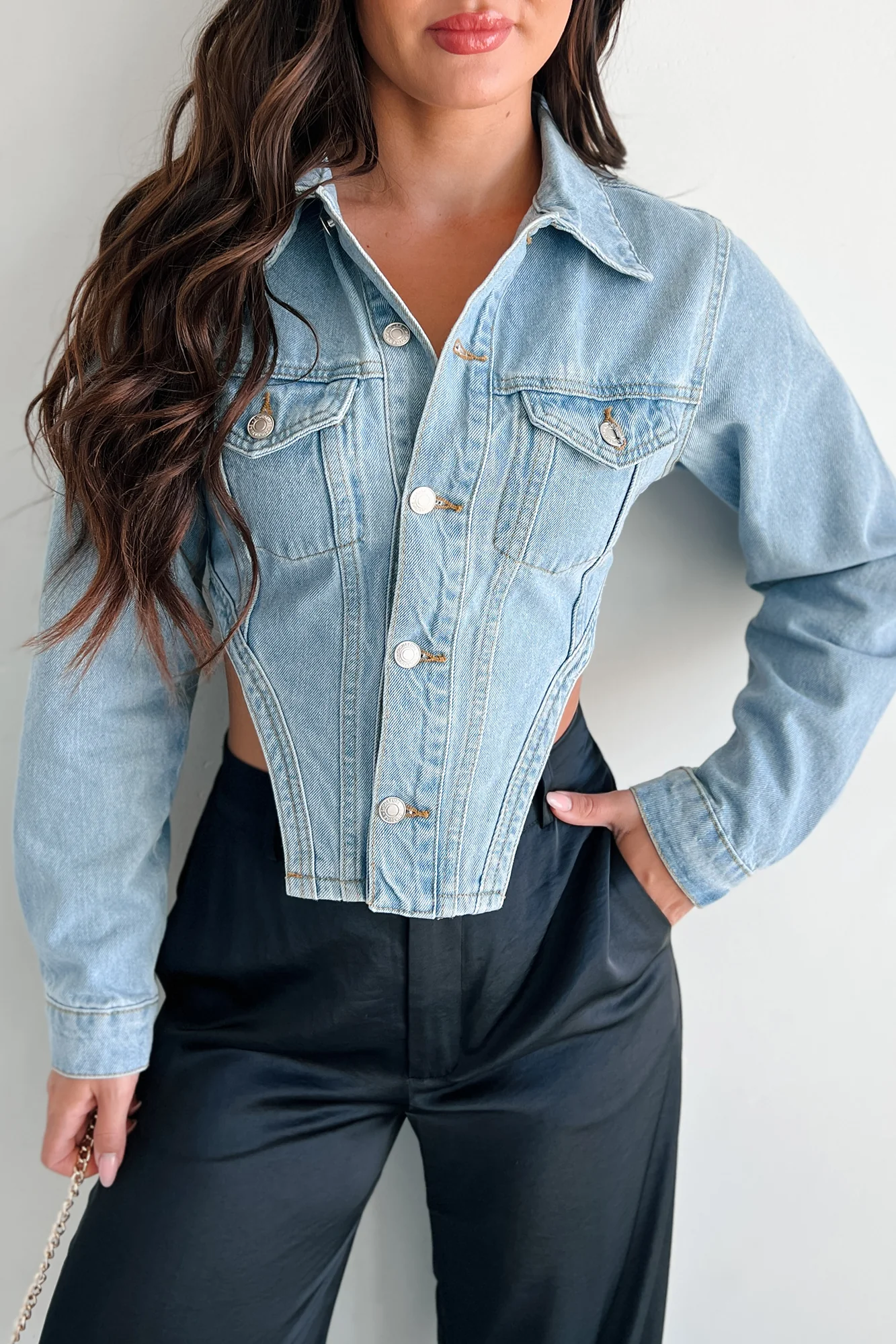 Icon Status Cropped Denim Corset Jacket (Medium Denim) - Image 3