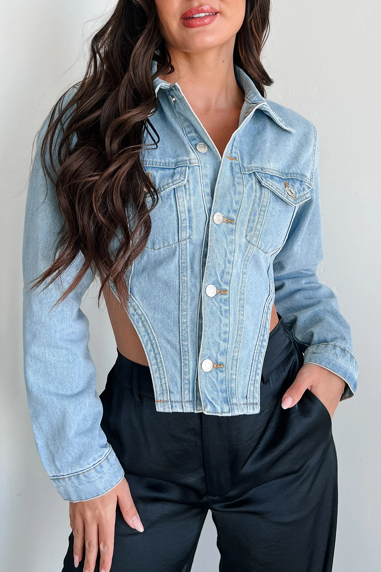 Icon Status Cropped Denim Corset Jacket (Medium Denim) - Image 5
