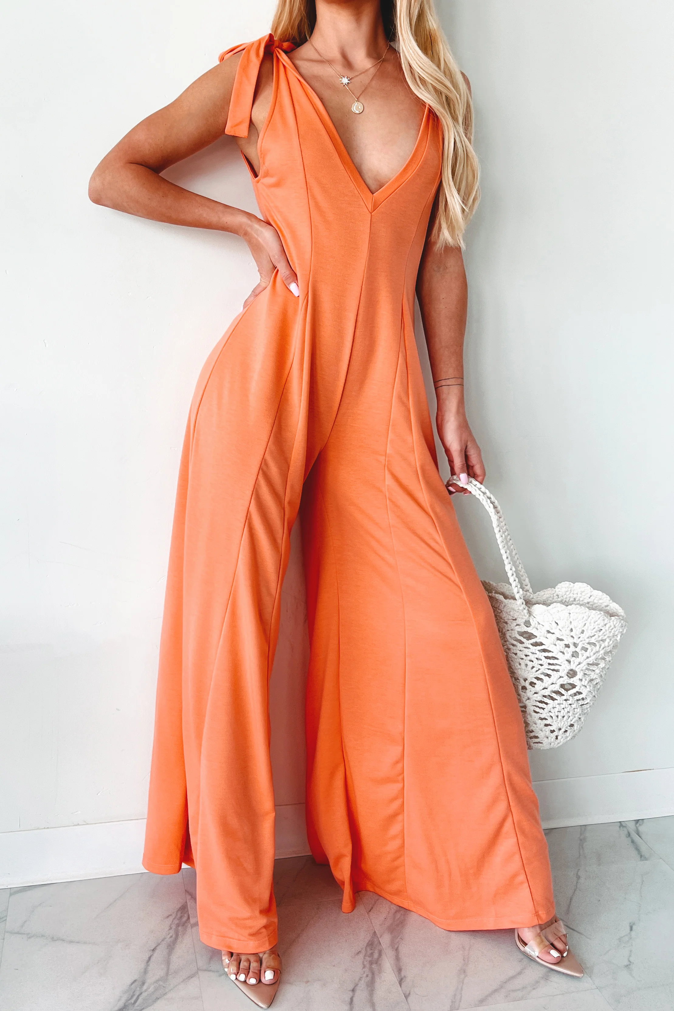 Iconic Comfort Shoulder Tie Wide Leg Jumpsuit (Light Peach) - Image 3