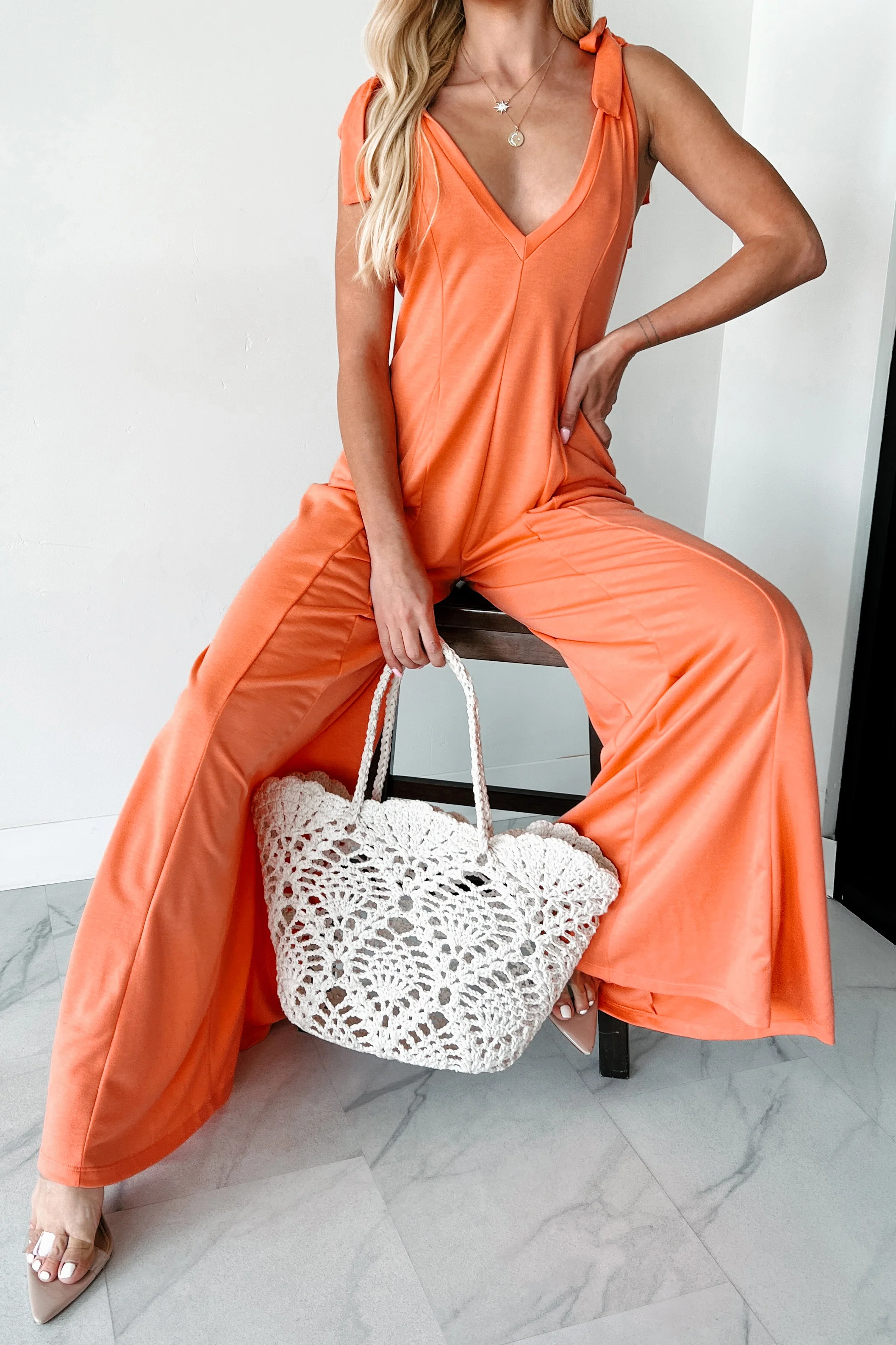 Iconic Comfort Shoulder Tie Wide Leg Jumpsuit (Light Peach) - Image 5