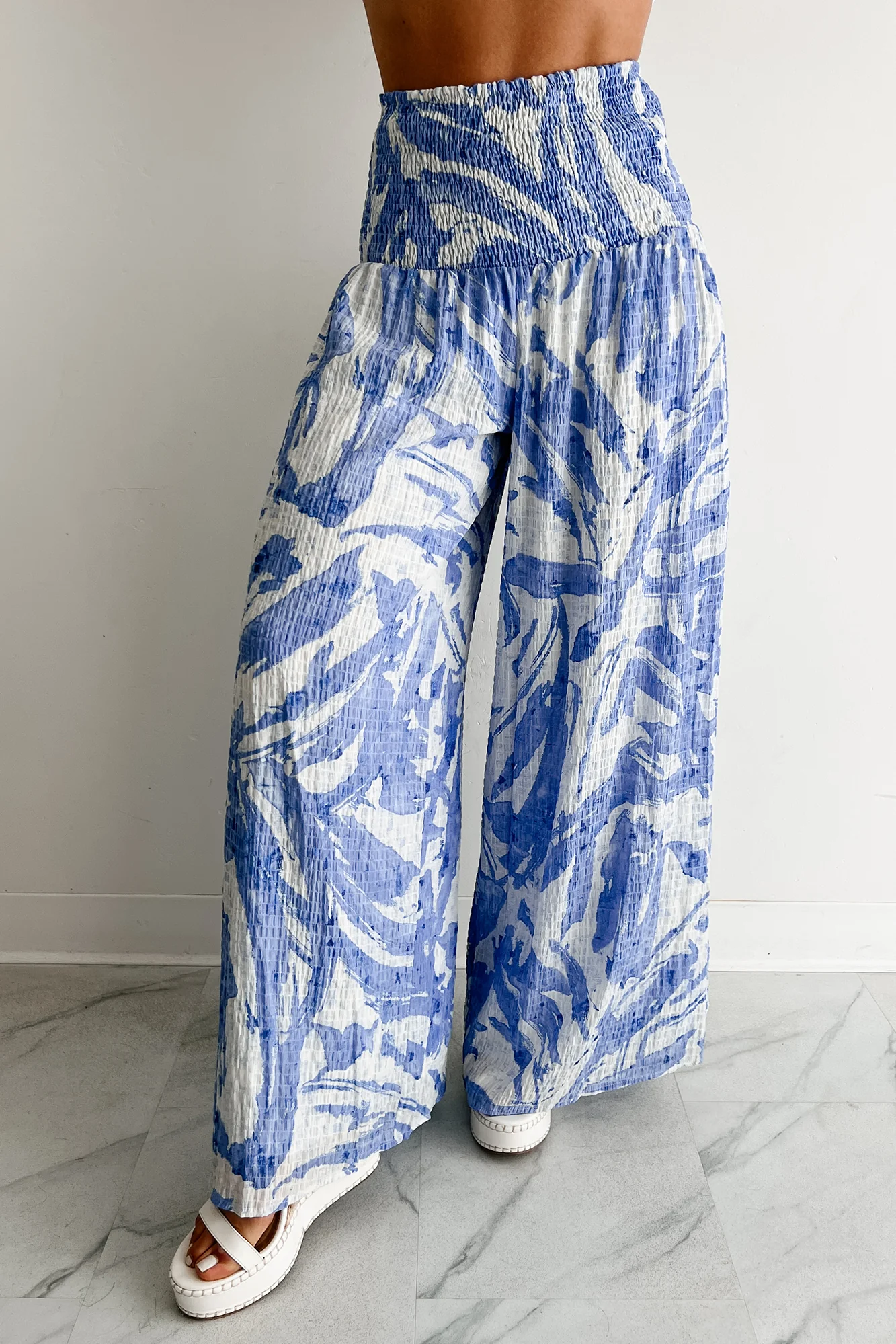 Iconic Option Printed Smocked Wide Leg Pants (Blue) - Image 5