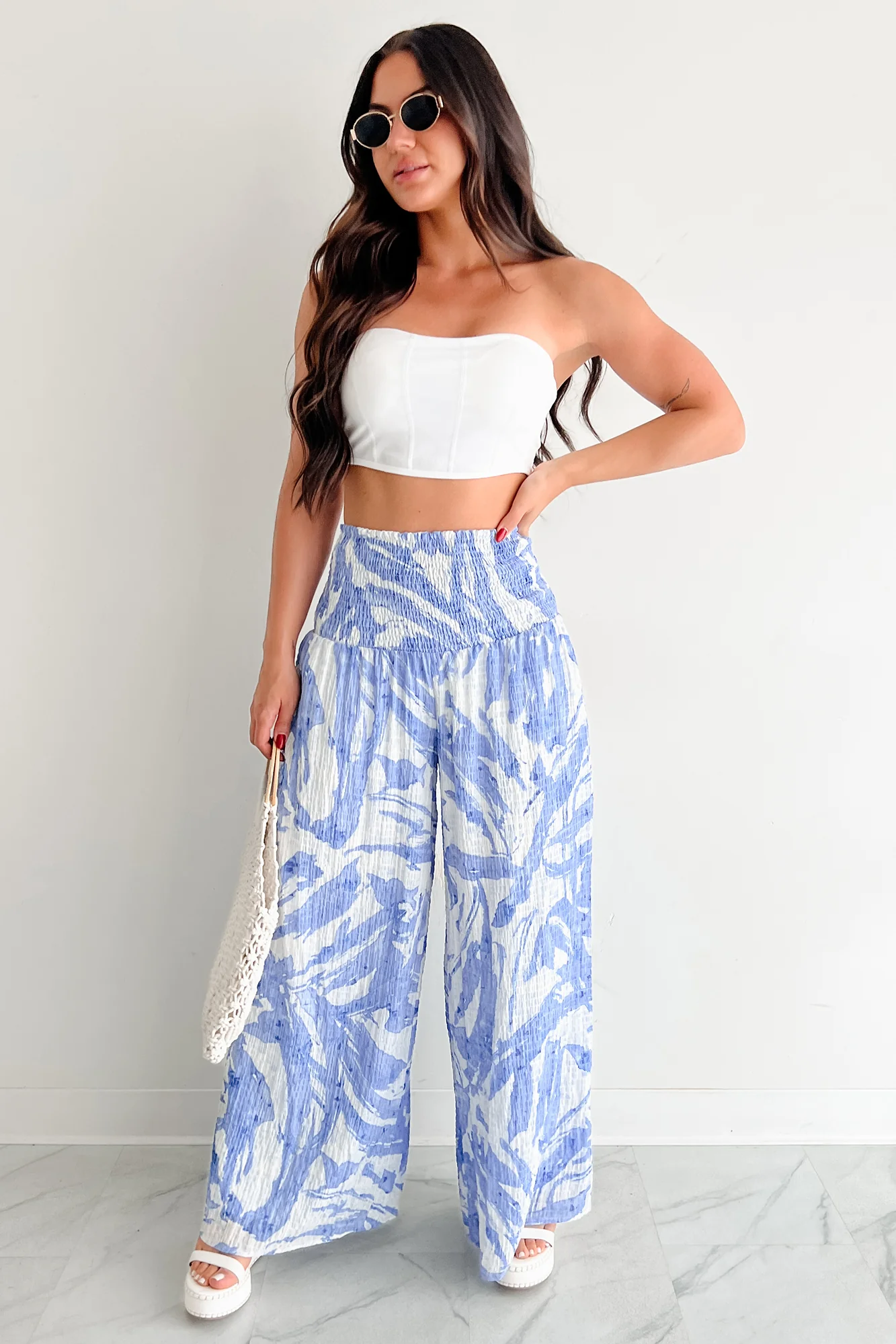 Iconic Option Printed Smocked Wide Leg Pants (Blue) - Image 6