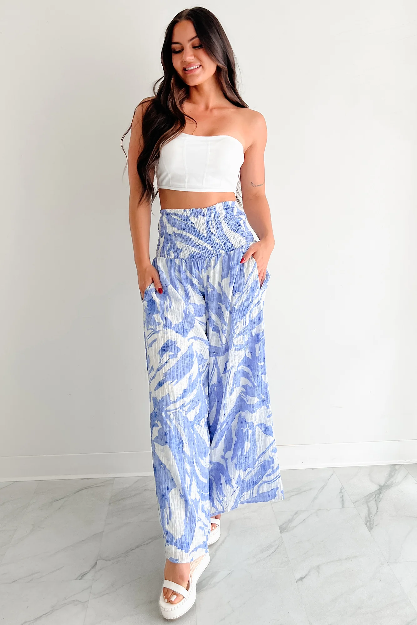 Iconic Option Printed Smocked Wide Leg Pants (Blue) - Image 7