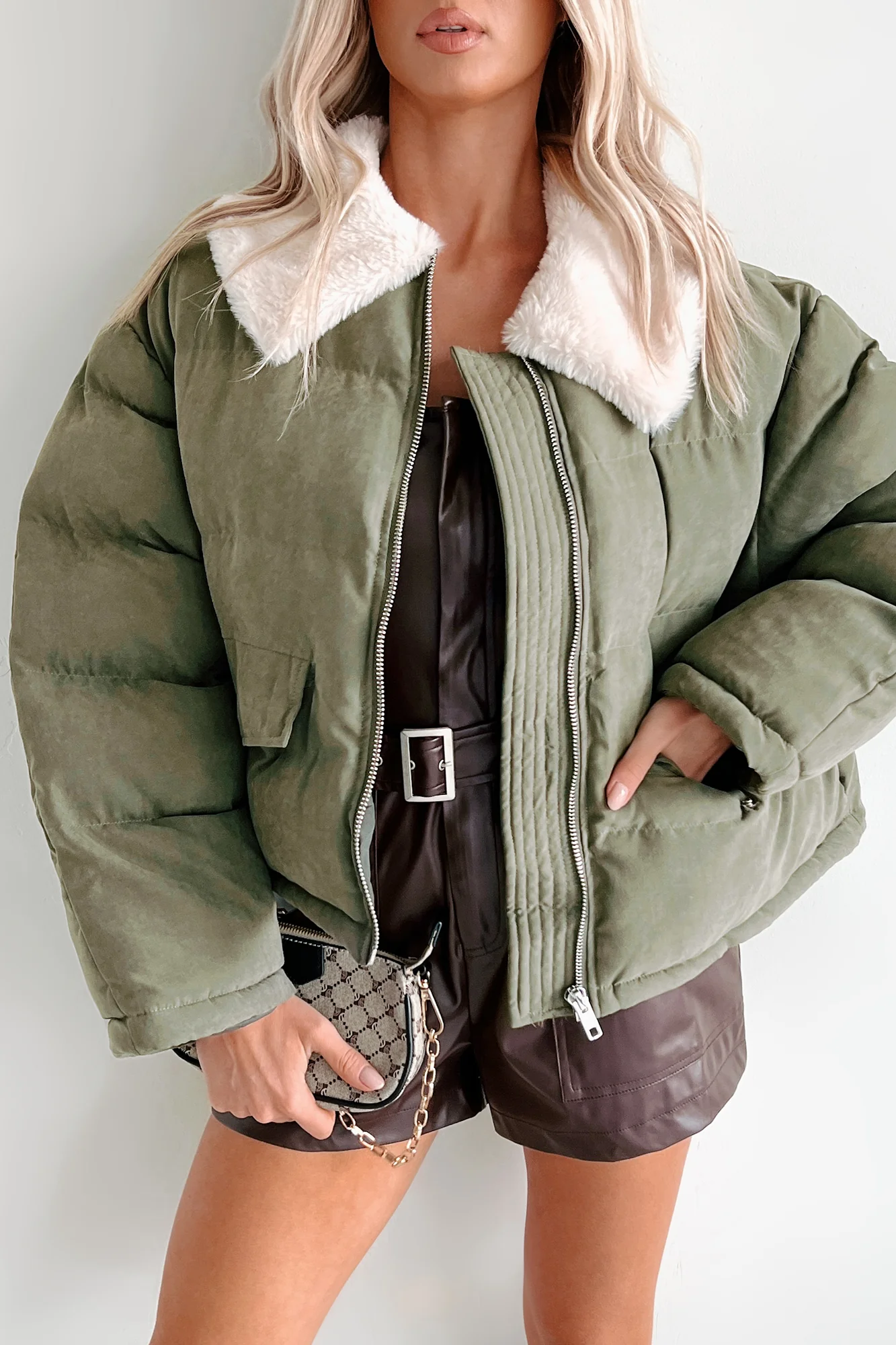 Icy Looks Faux Fur Collar Puffer Jacket (Olive) - Image 3