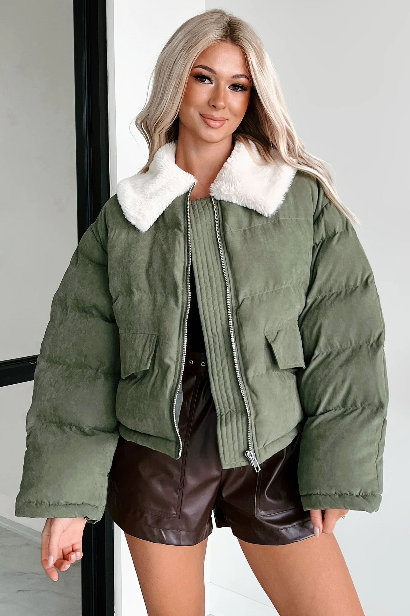 Icy Looks Faux Fur Collar Puffer Jacket (Olive) - Image 4