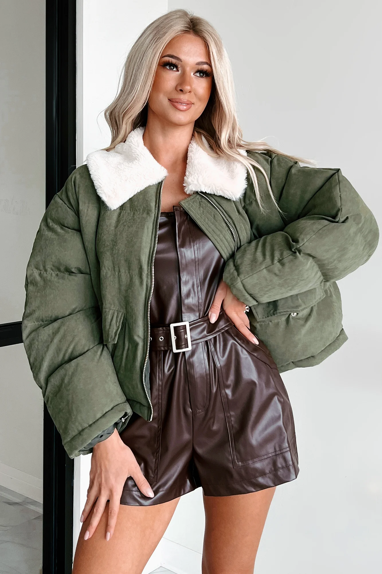 Icy Looks Faux Fur Collar Puffer Jacket (Olive) - Image 7