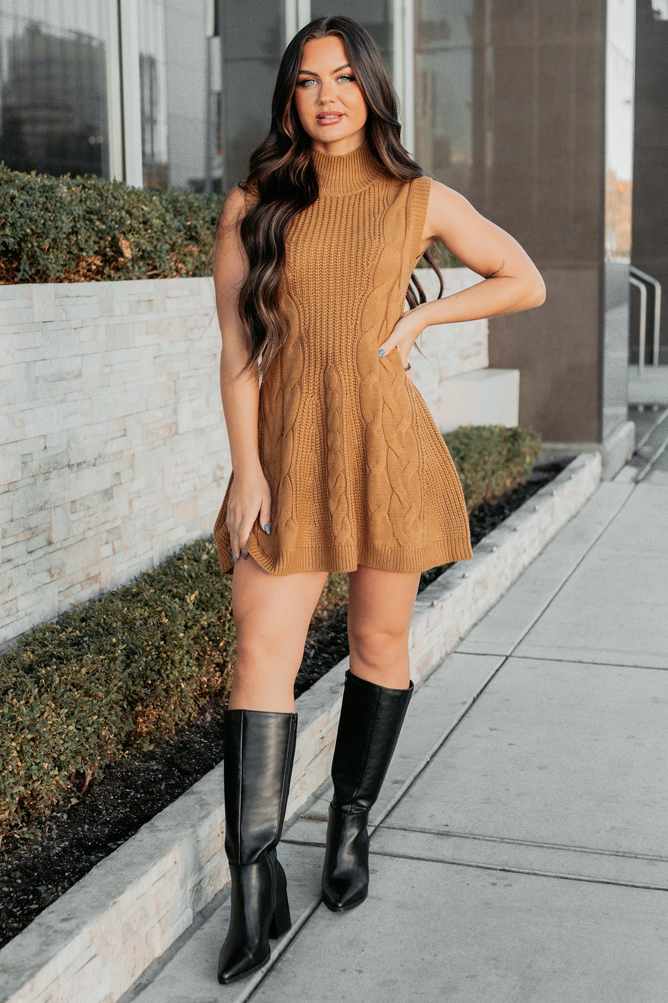 If You Stay Sleeveless Cable Knit Mini Dress (Mocha Mousse) - Image 4