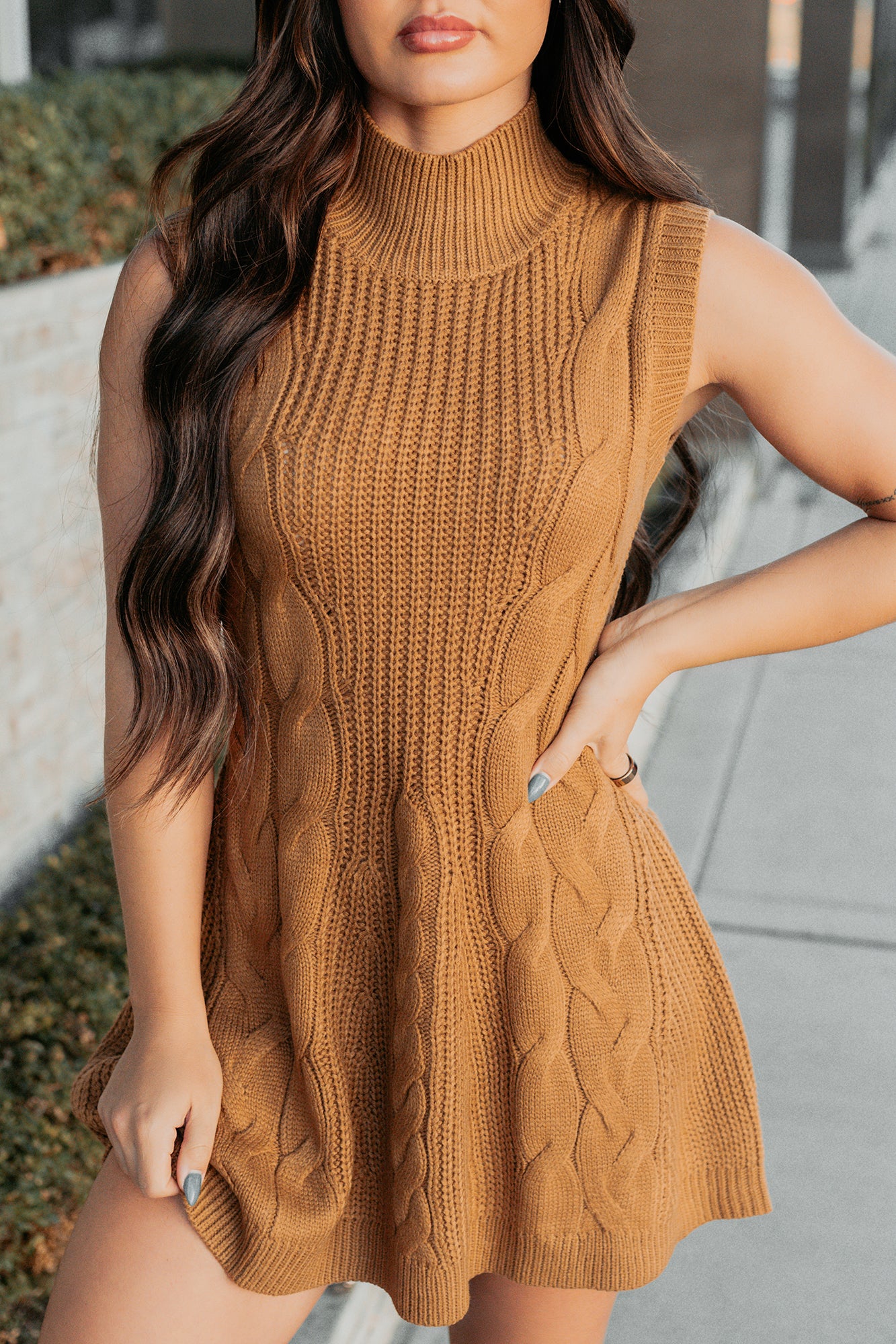 If You Stay Sleeveless Cable Knit Mini Dress (Mocha Mousse) - Image 9