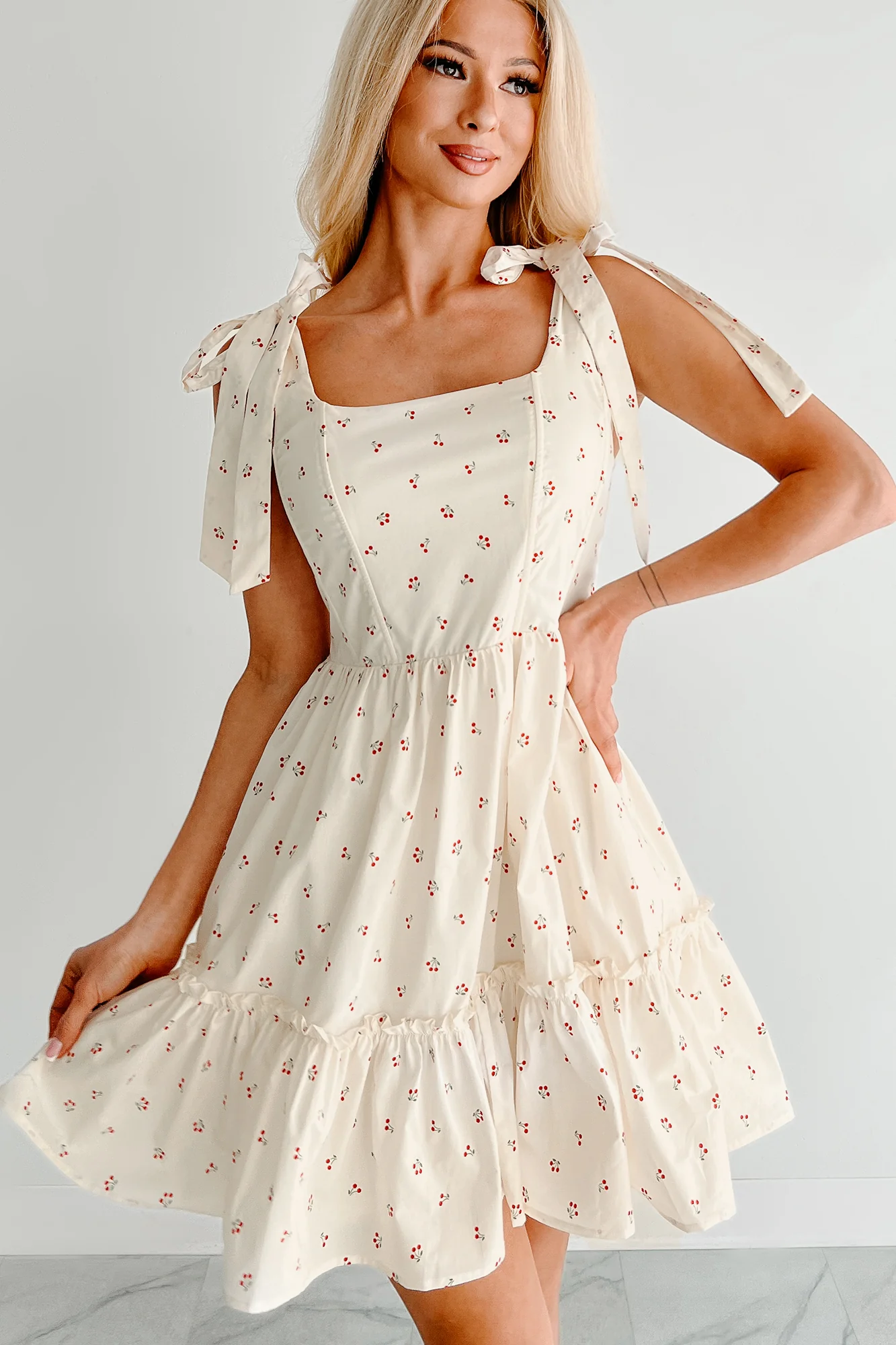 I'm All Yours Cherry Print Mini Dress (Cream) - Image 6